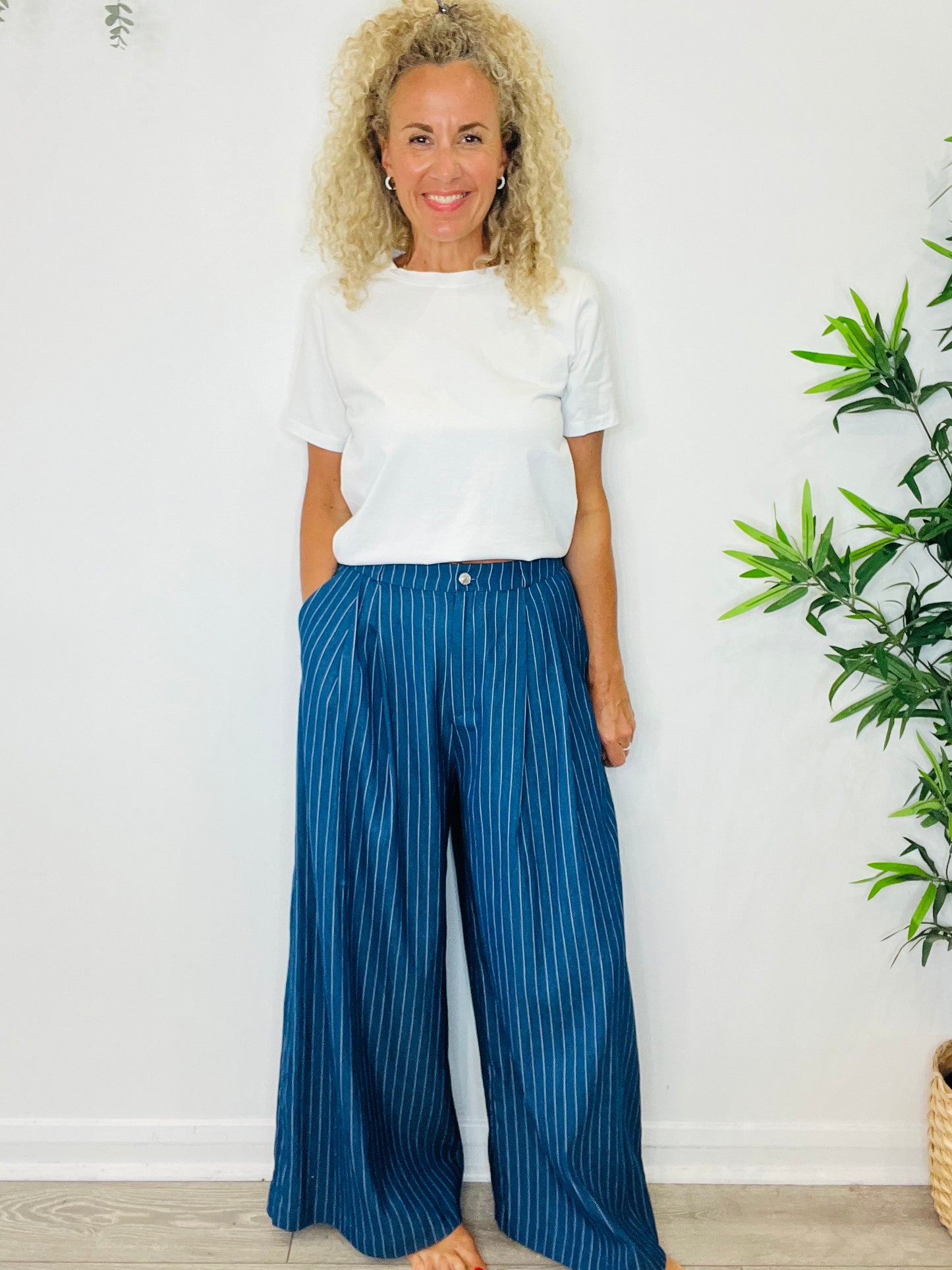 Pinstripe Wide Leg Trousers - Size 42
