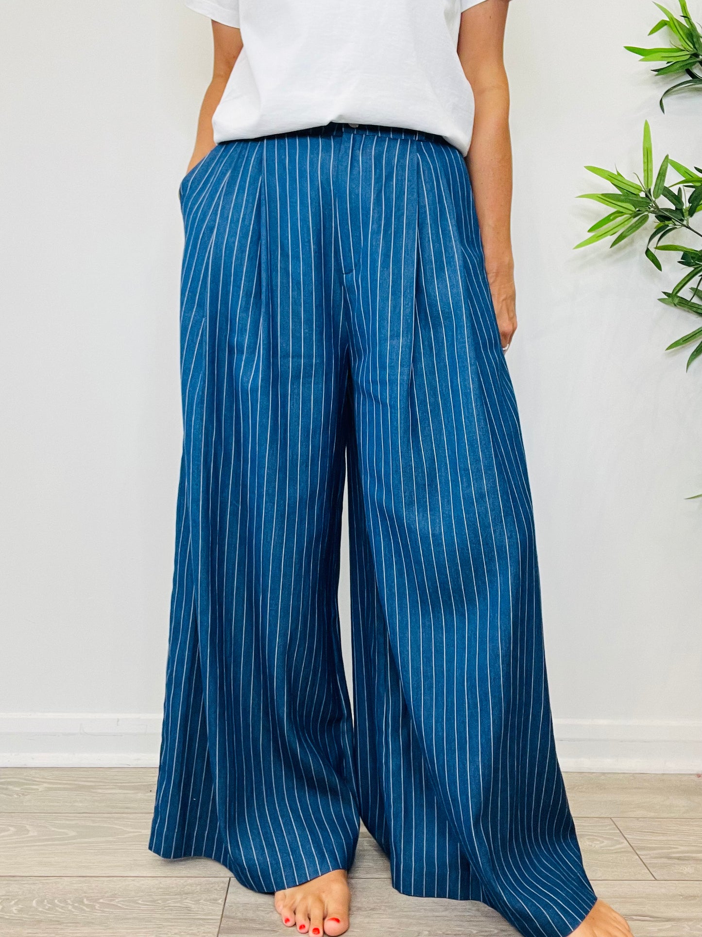 Pinstripe Wide Leg Trousers - Size 42