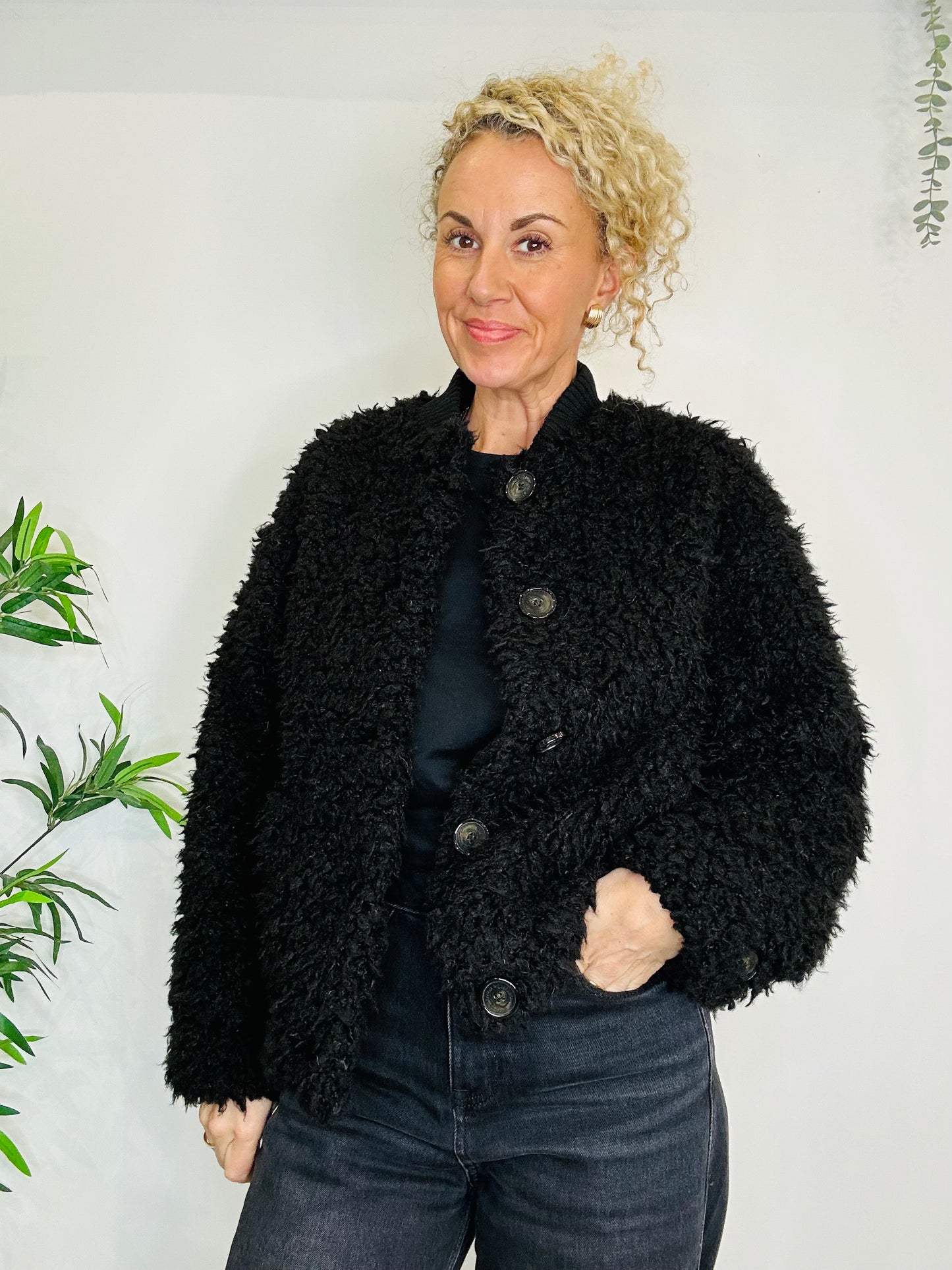 Faux Shearling Bomber Jacket - Size S