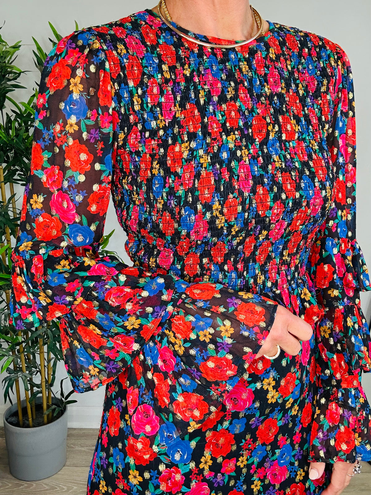 Floral Shirred Maxi Dress - Size XS