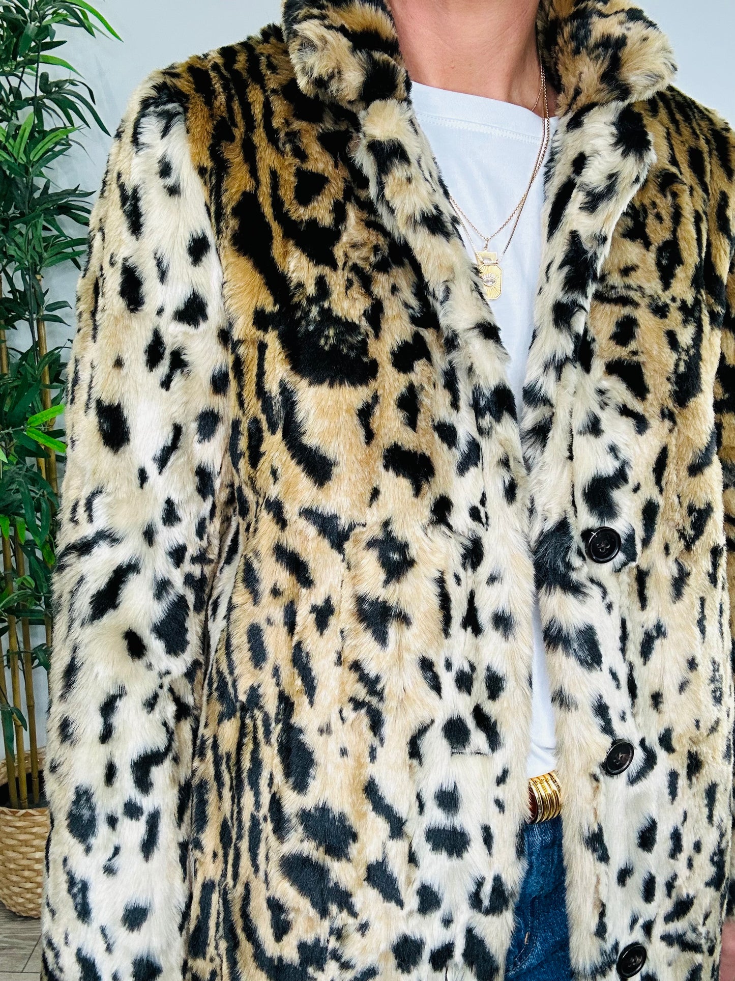Leopard Print Faux Fur Coat - Size S