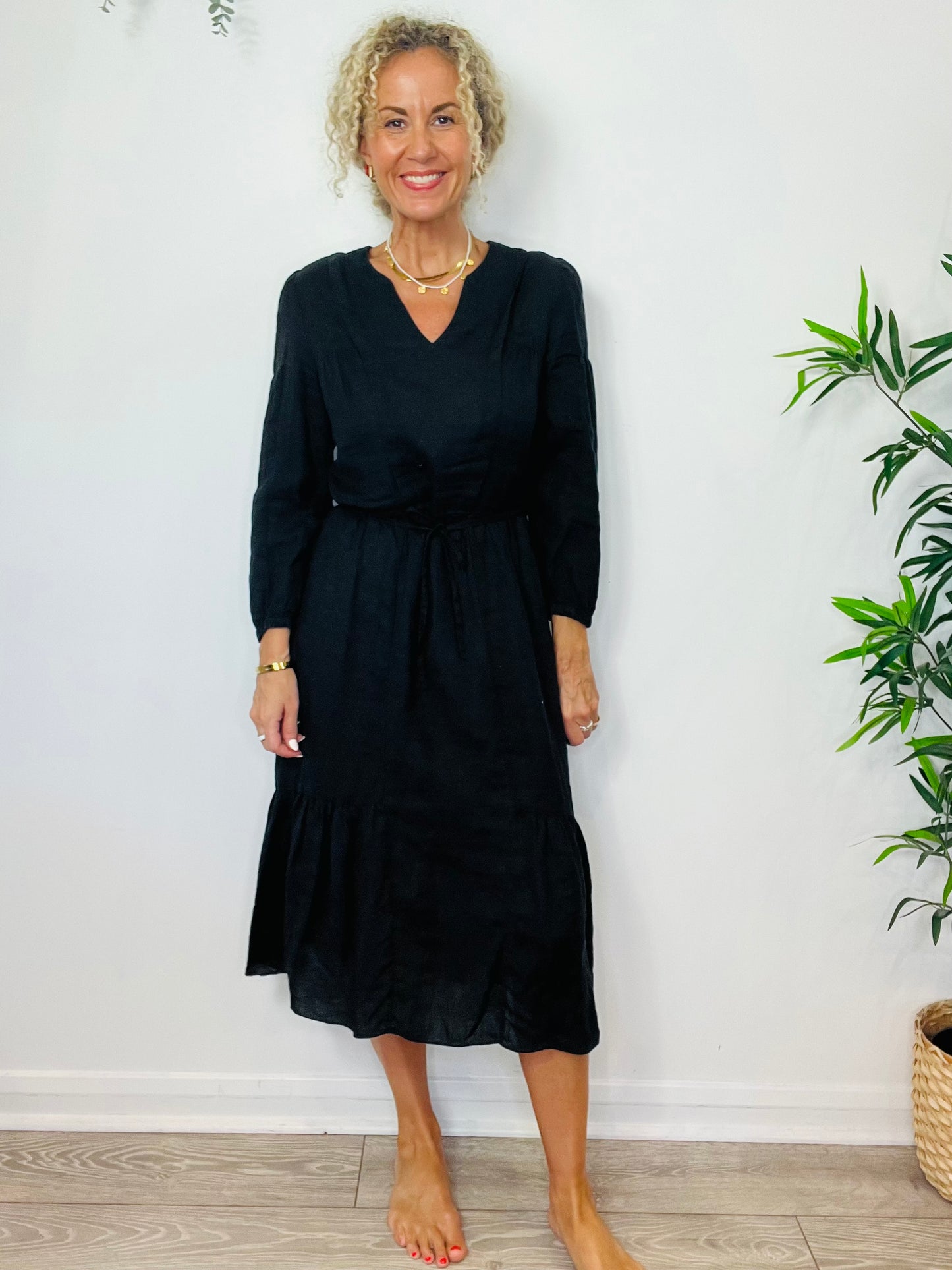 Linen Midi Dress - Size 36