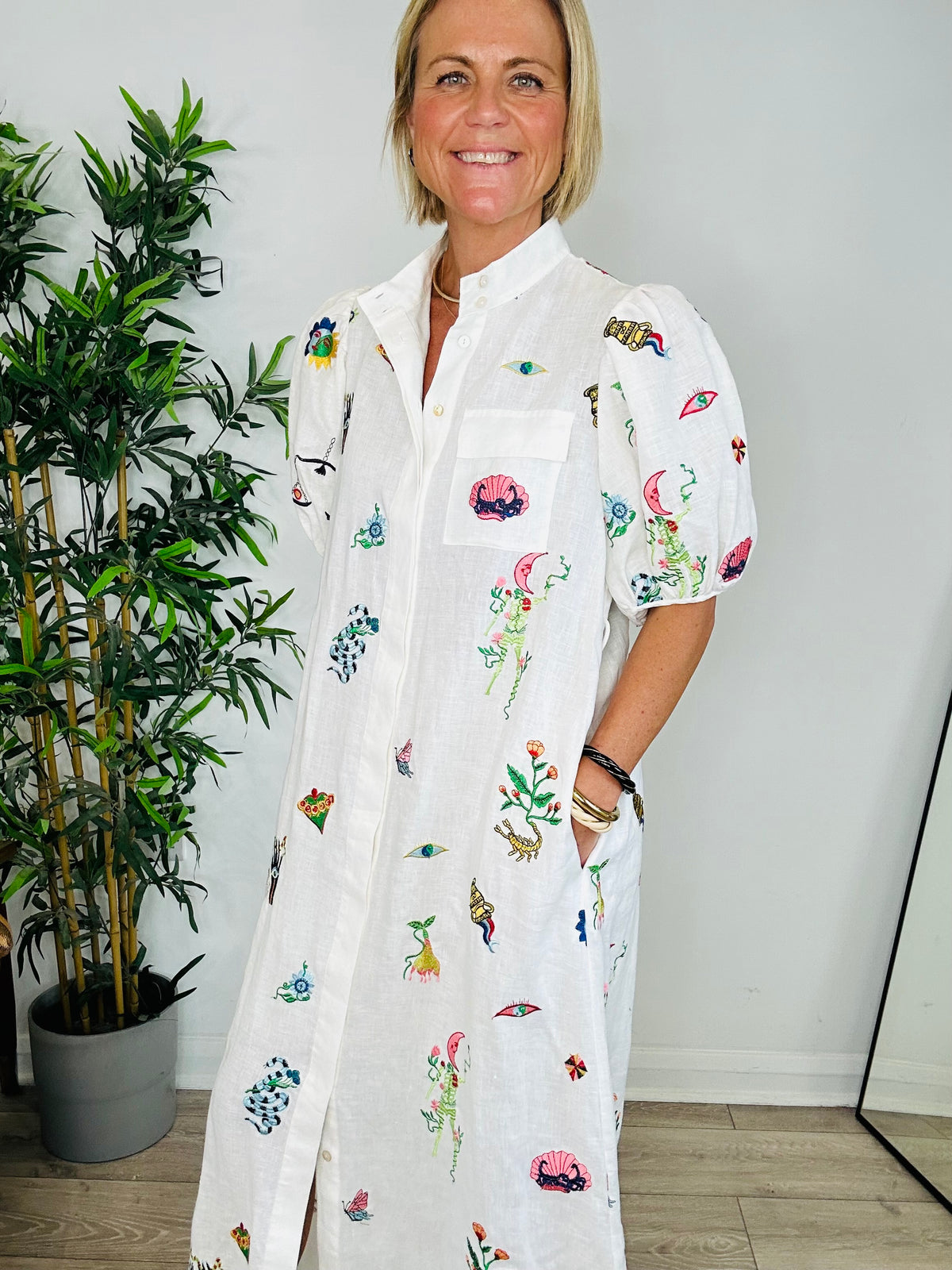 Embroidered Linen Shirt Dress - Size 10