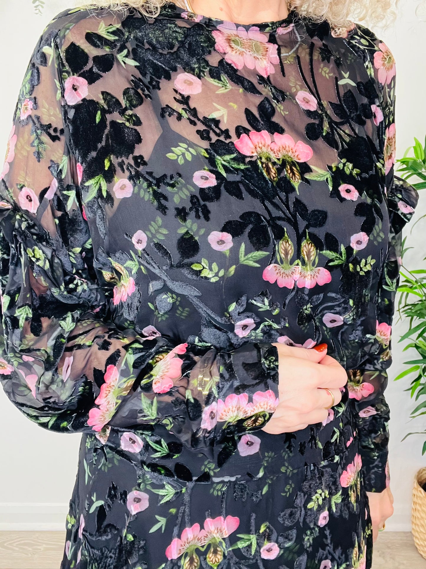Velvet Floral Midi Dress - Size XS