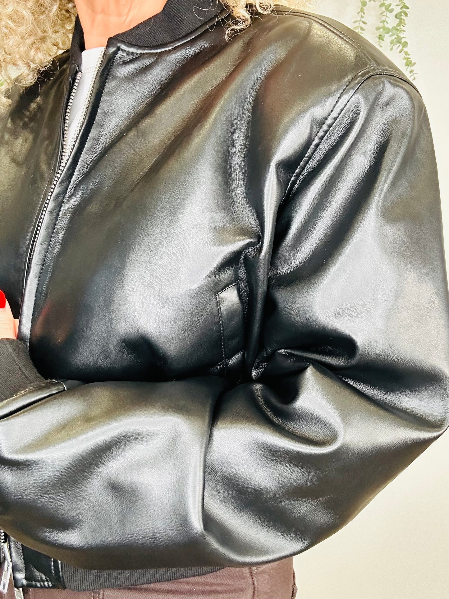 Faux Leather Bomber Jacket - Size S