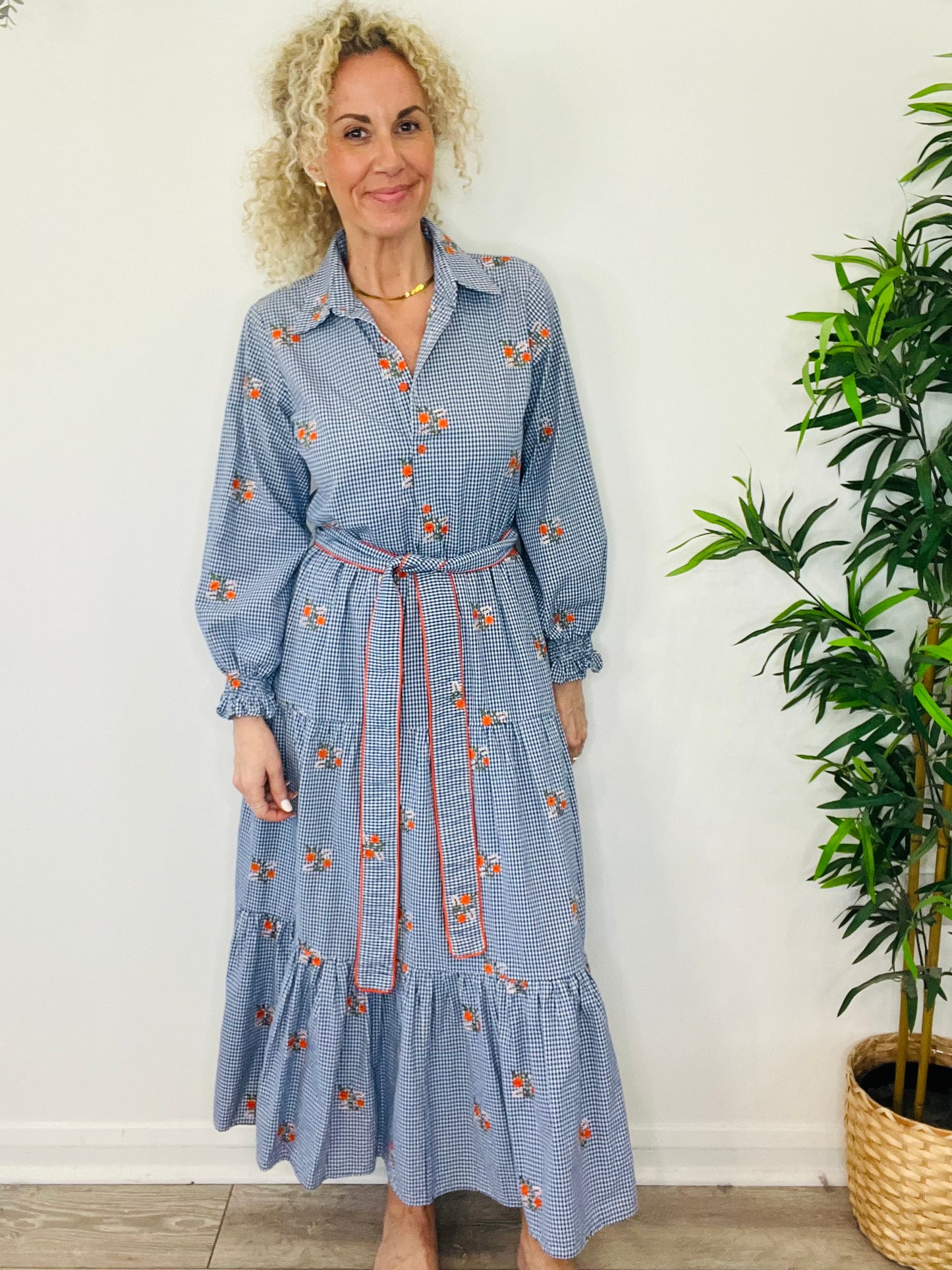 Embroidered Check Dress - Size M