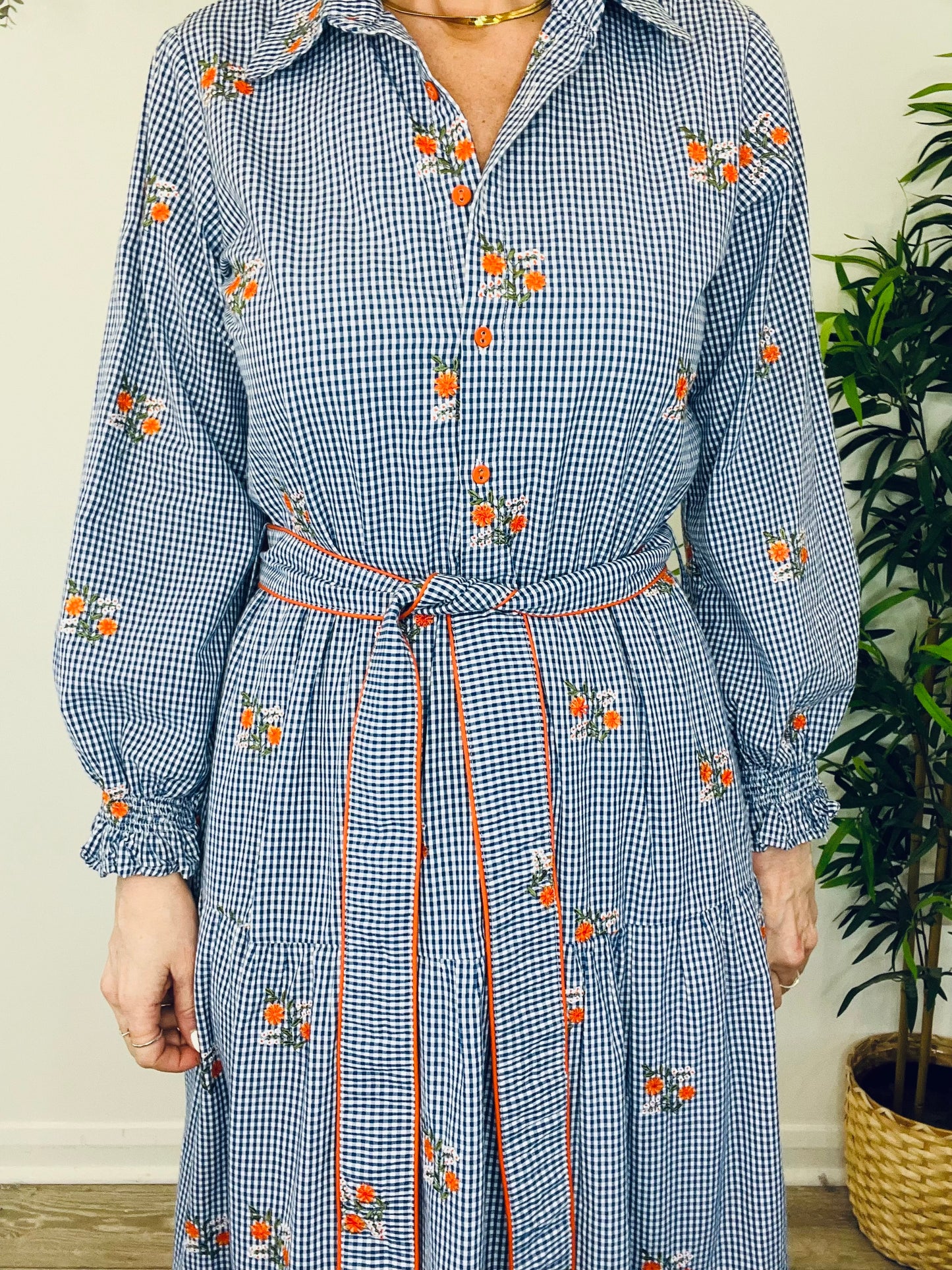 Embroidered Check Dress - Size M