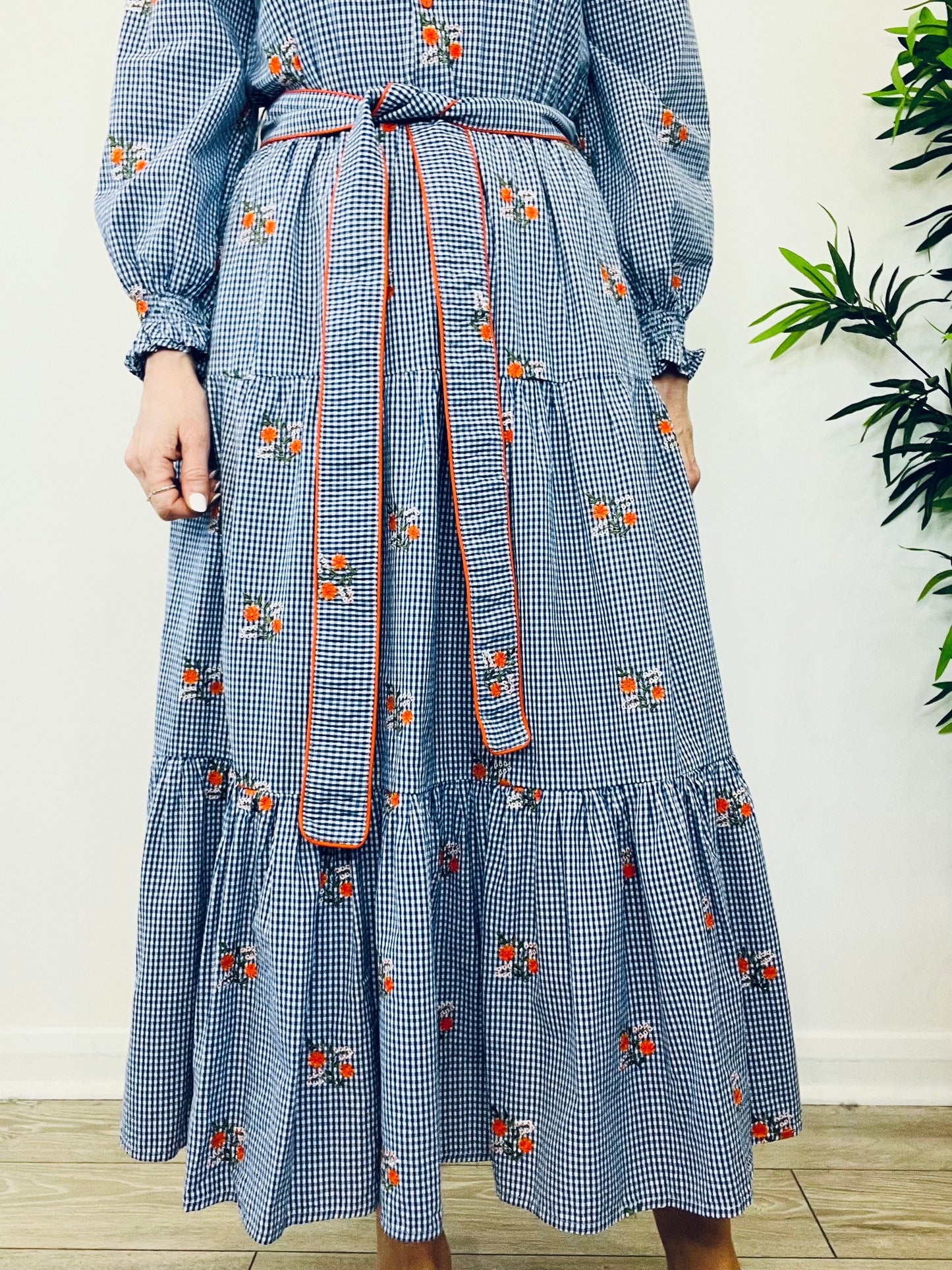 Embroidered Check Dress - Size M