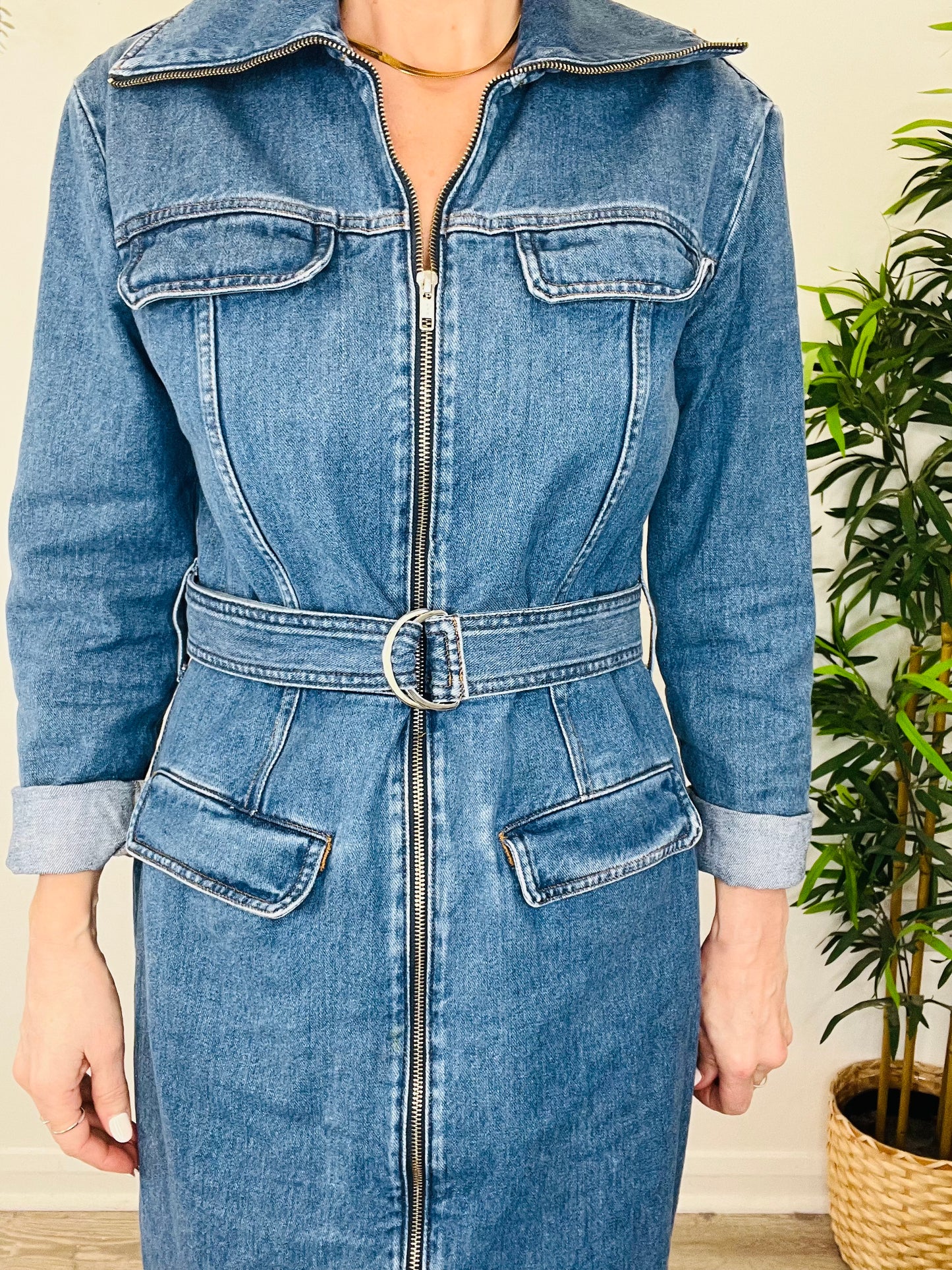 Denim Zip Front Dress - Size 40
