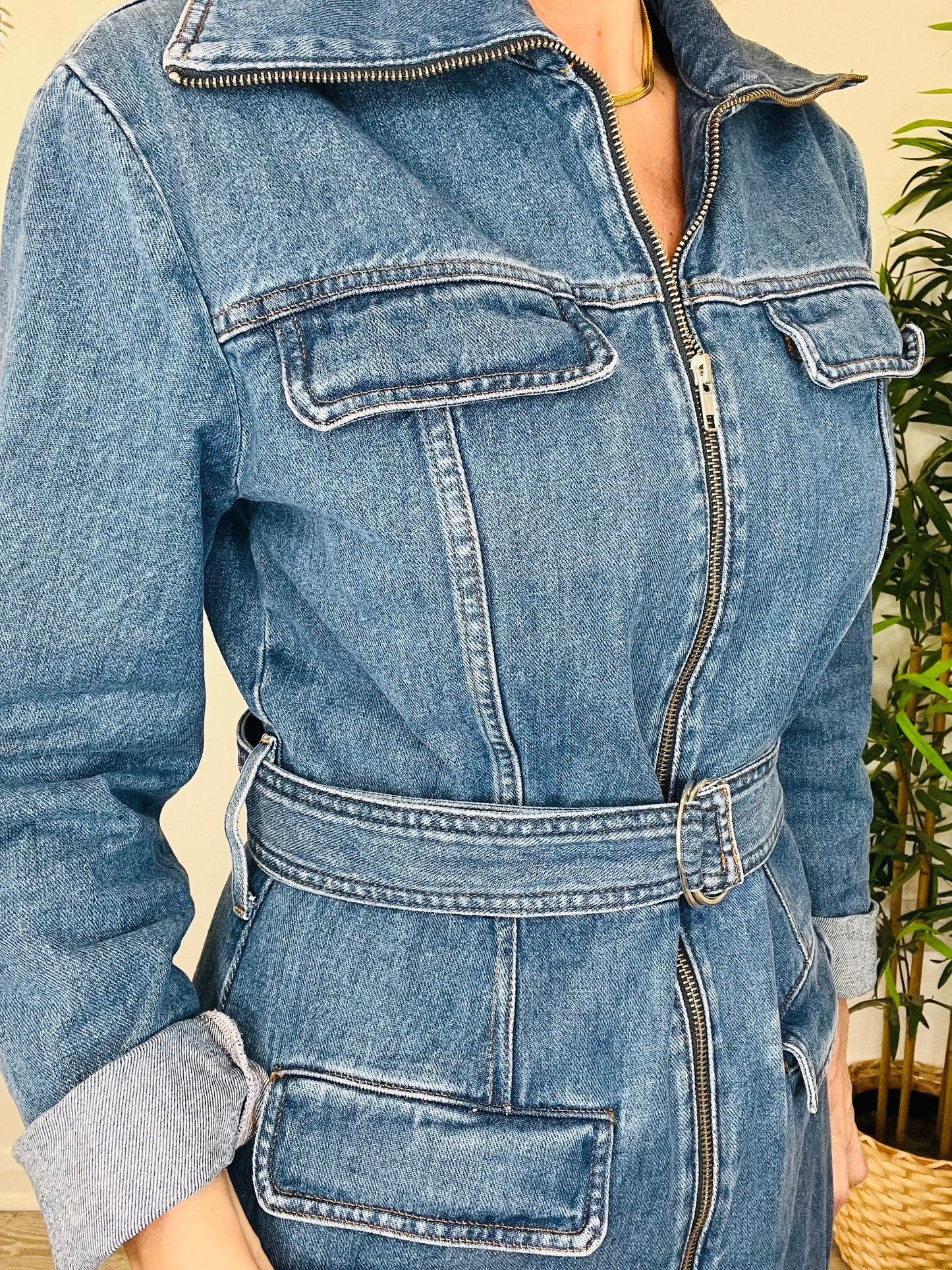 Denim Zip Front Dress - Size 40