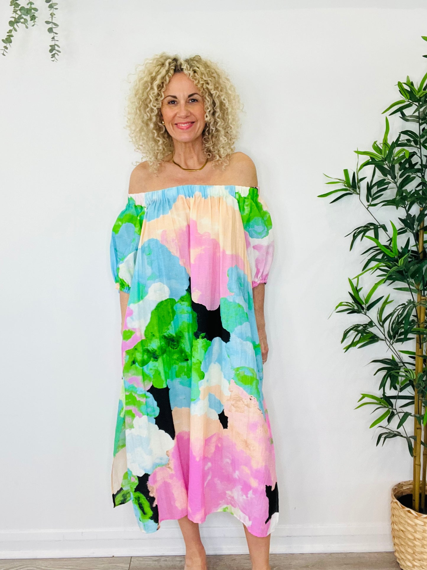 Patterned Off-Shoulder Dress - Size S
