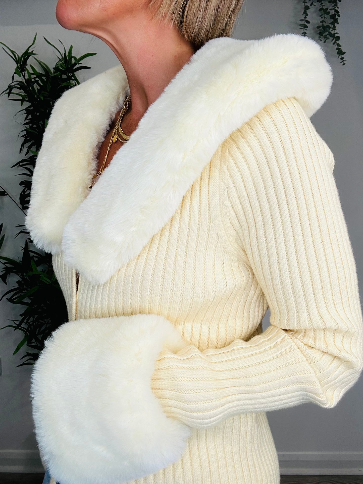 Faux Fur Trimmed Cardigan - Size 12