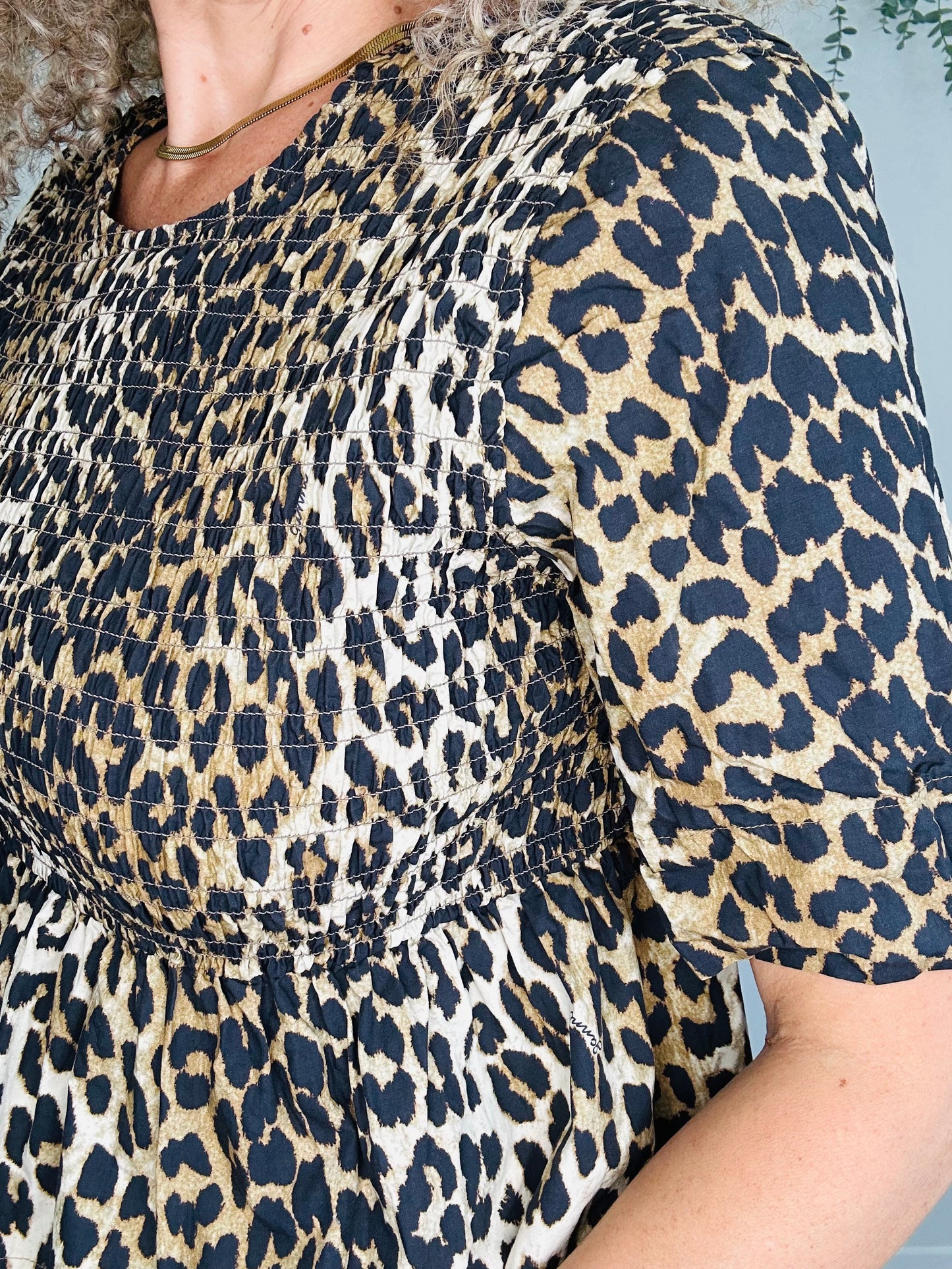 Smocked Leopard Print Top - Size 38