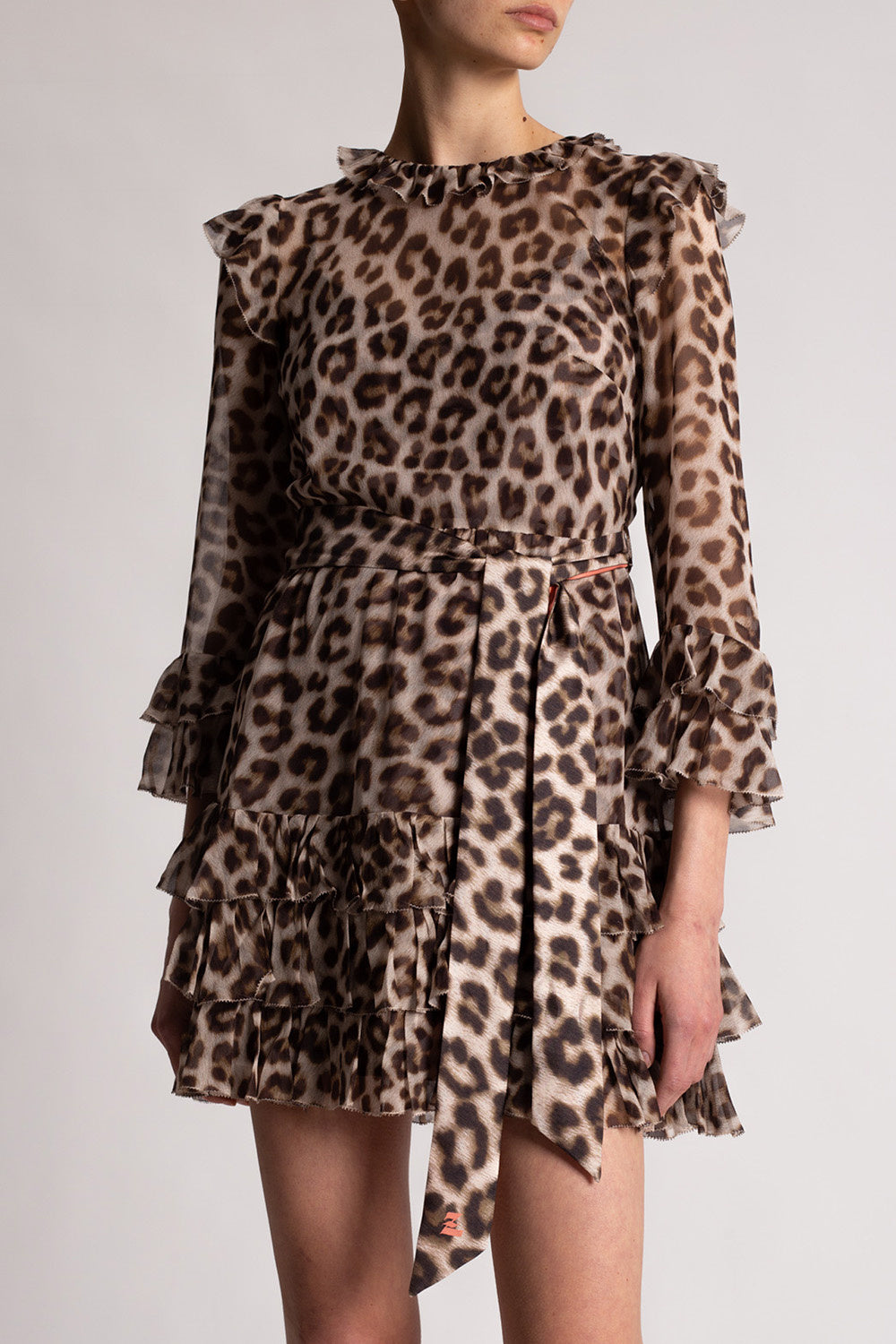 Leopard Print Silk Ruffle Dress - Size 0
