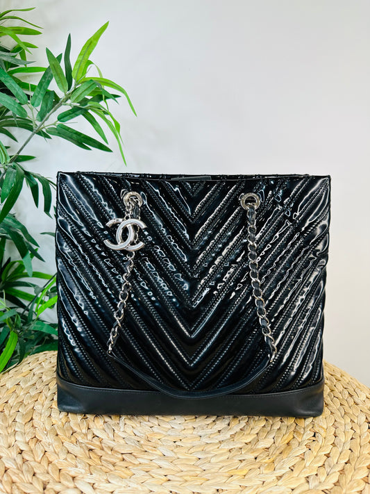 Patent Chevron Leather Shopper Tote