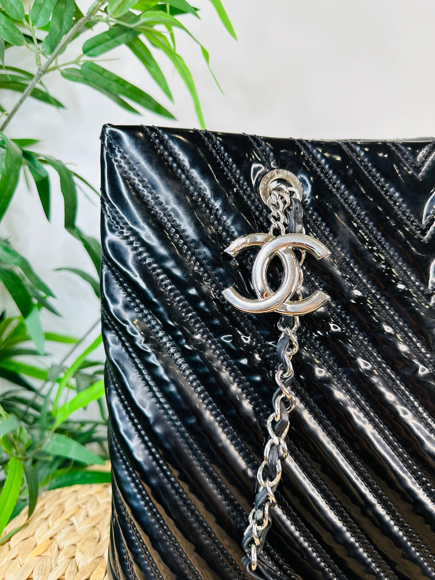 Patent Chevron Leather Shopper Tote