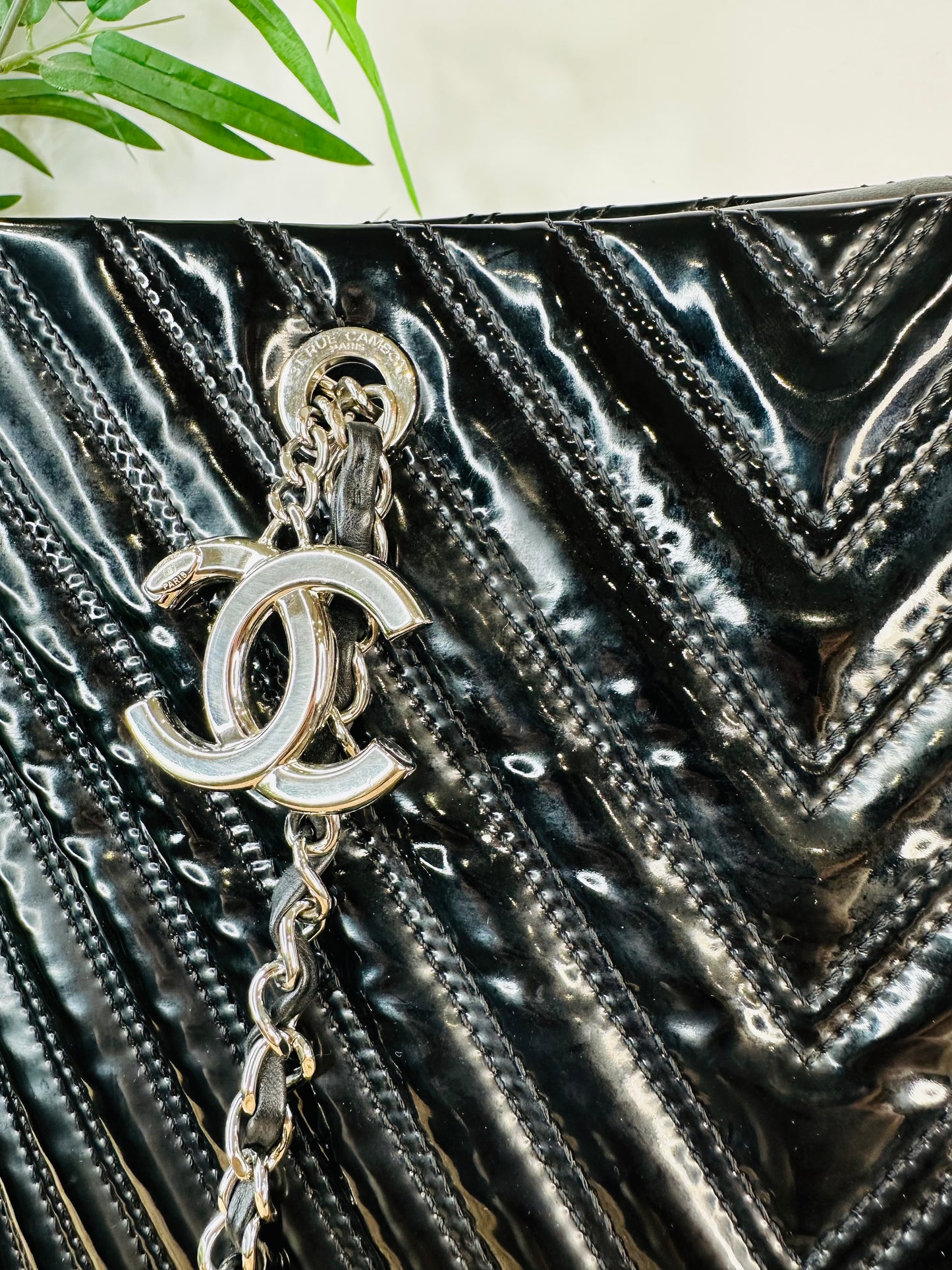 Patent Chevron Leather Shopper Tote