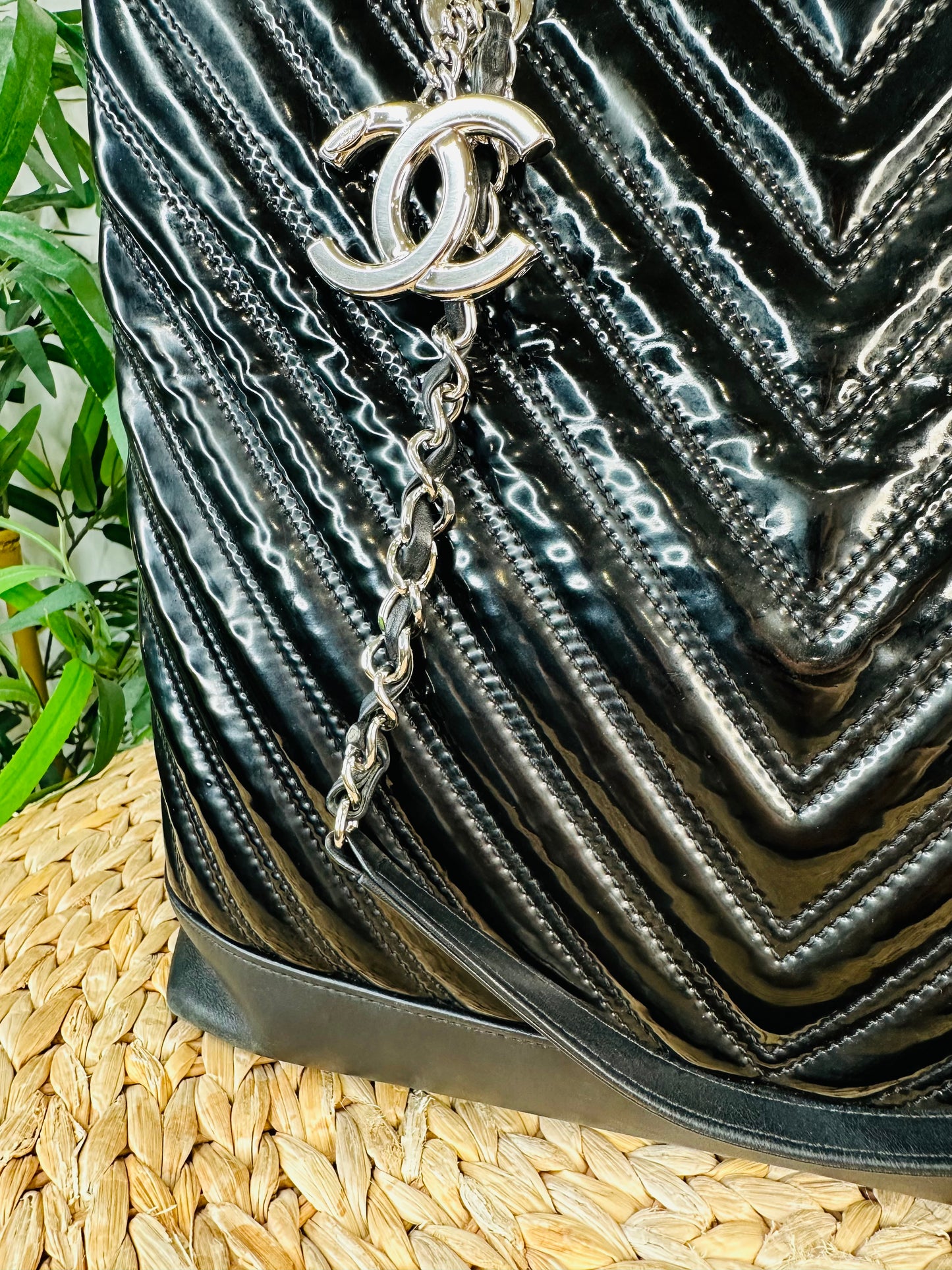 Patent Chevron Leather Shopper Tote