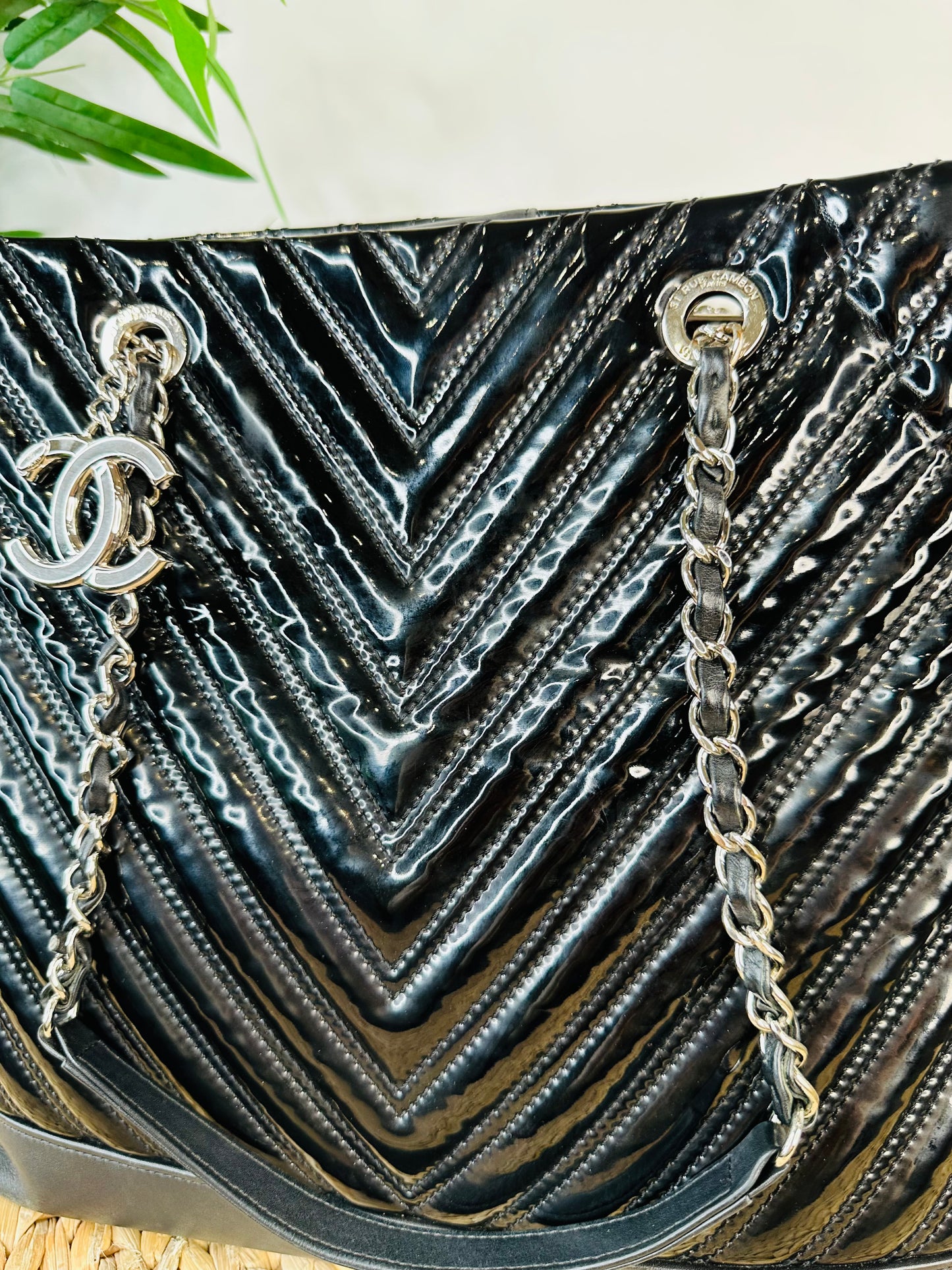 Patent Chevron Leather Shopper Tote