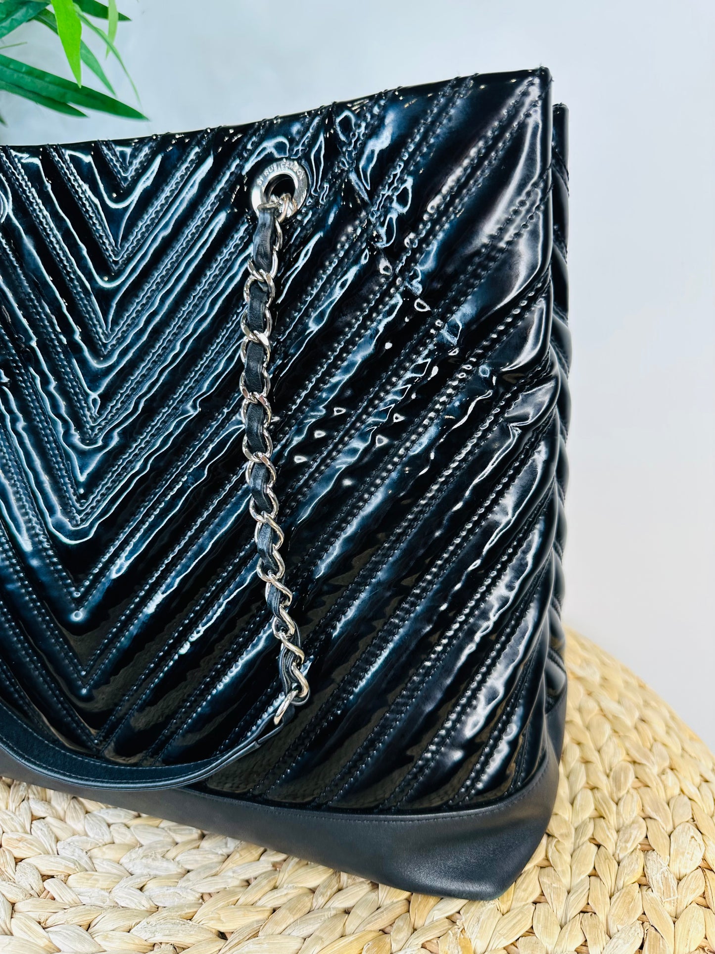 Patent Chevron Leather Shopper Tote