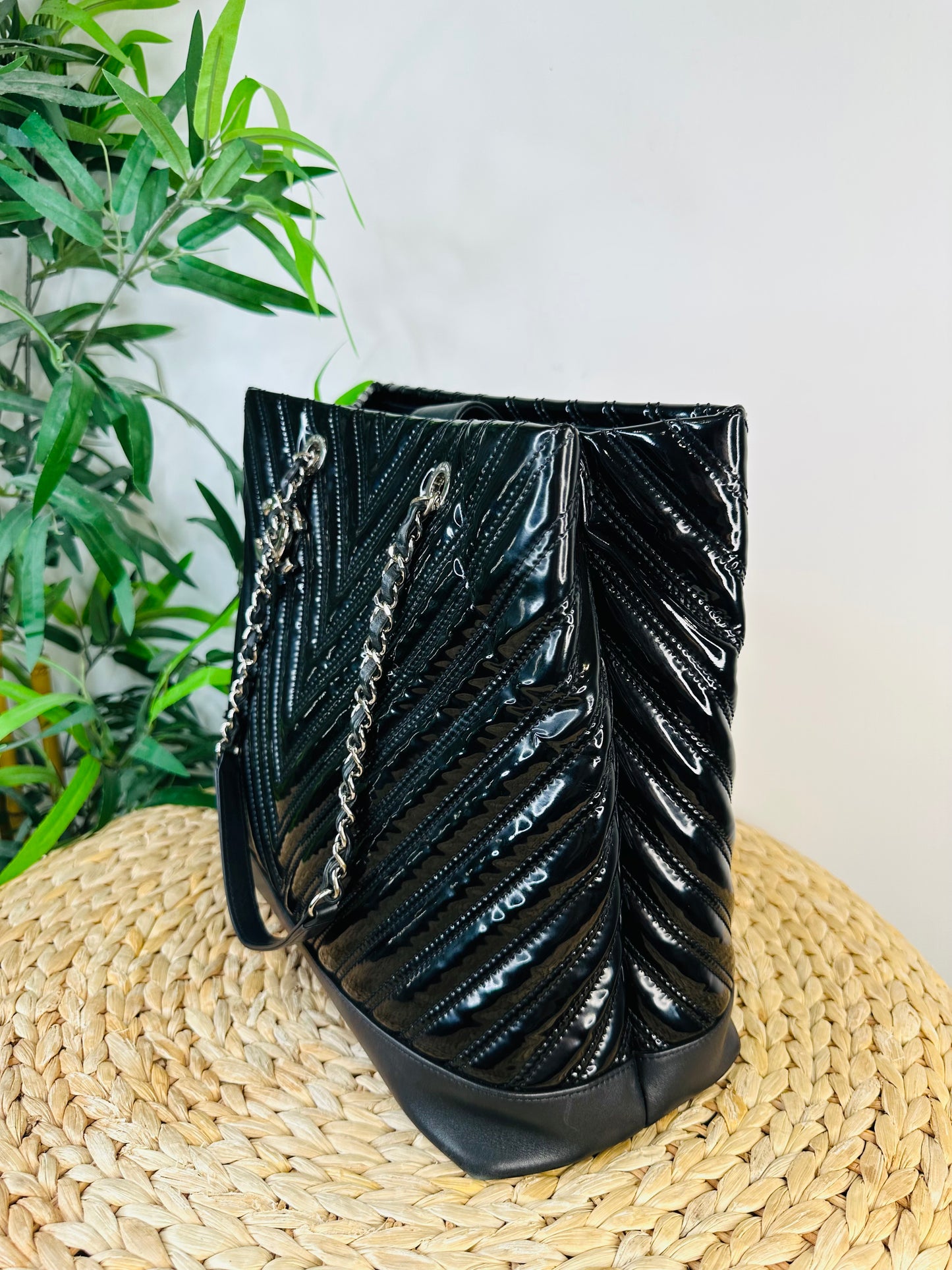 Patent Chevron Leather Shopper Tote