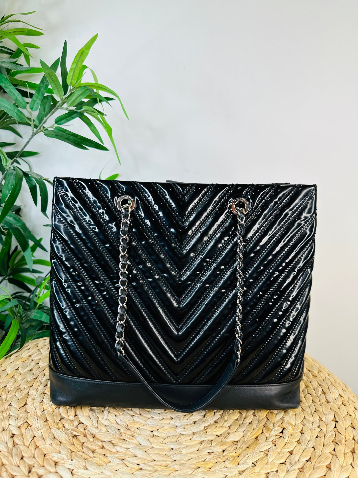 Patent Chevron Leather Shopper Tote