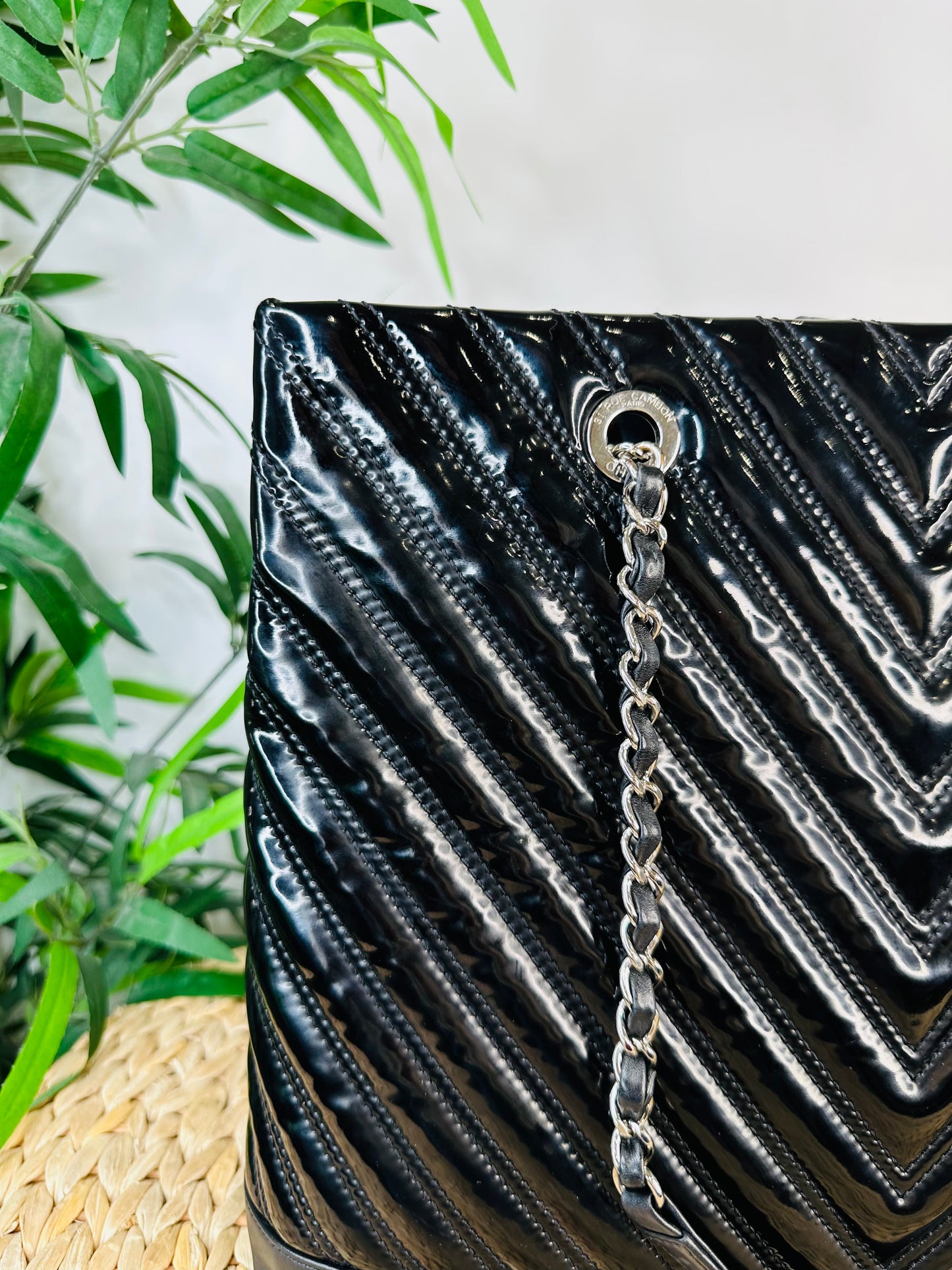 Patent Chevron Leather Shopper Tote