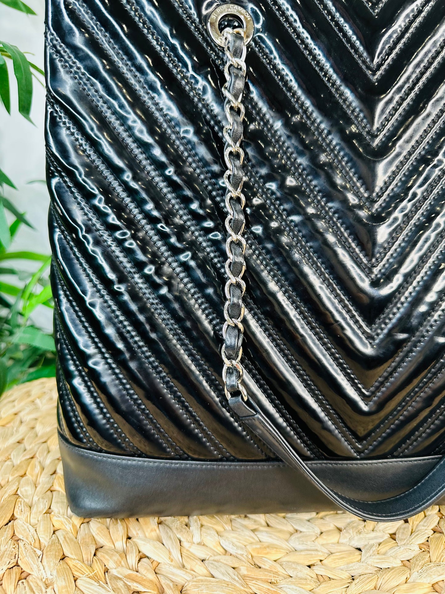 Patent Chevron Leather Shopper Tote