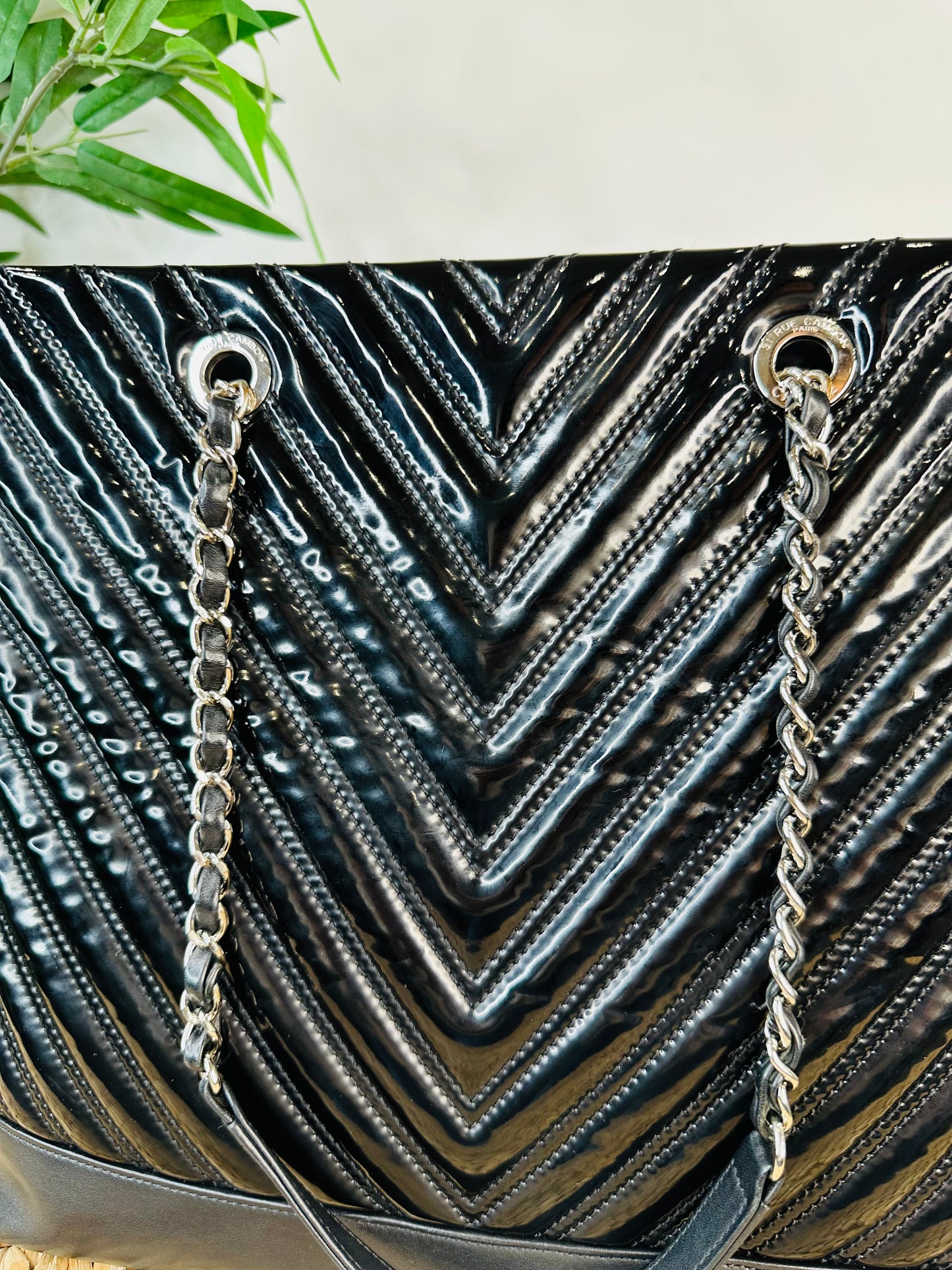 Patent Chevron Leather Shopper Tote