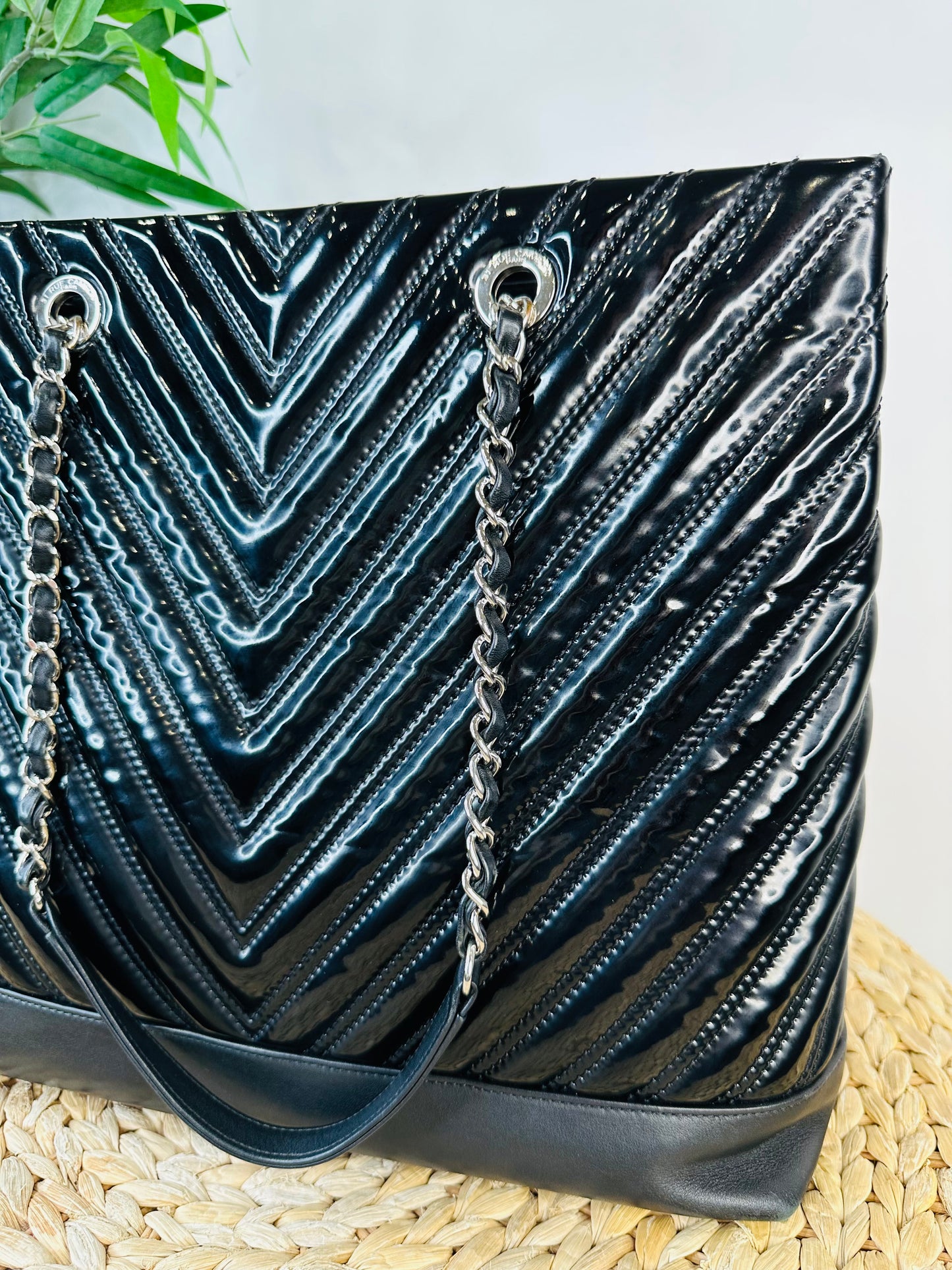 Patent Chevron Leather Shopper Tote
