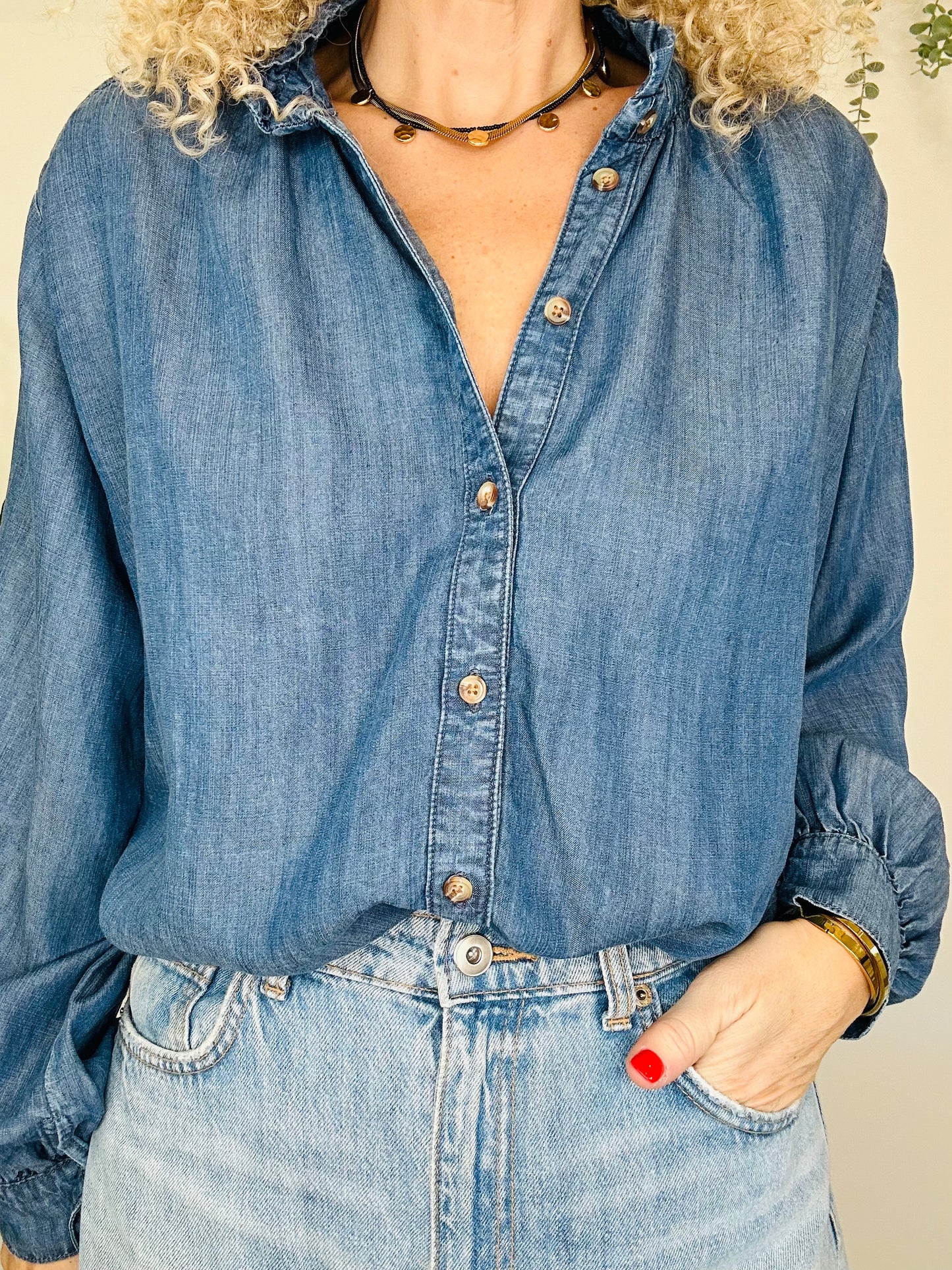 Frill Denim Shirt - Size L