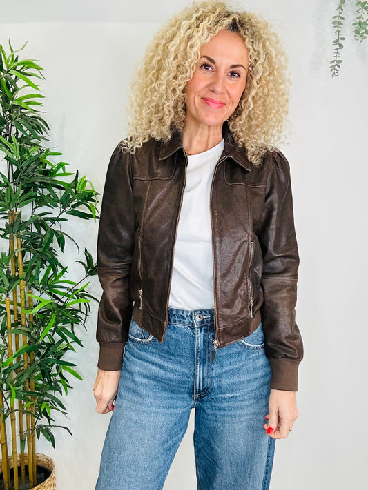 Puff Shoulder Leather Jacket - Size 10