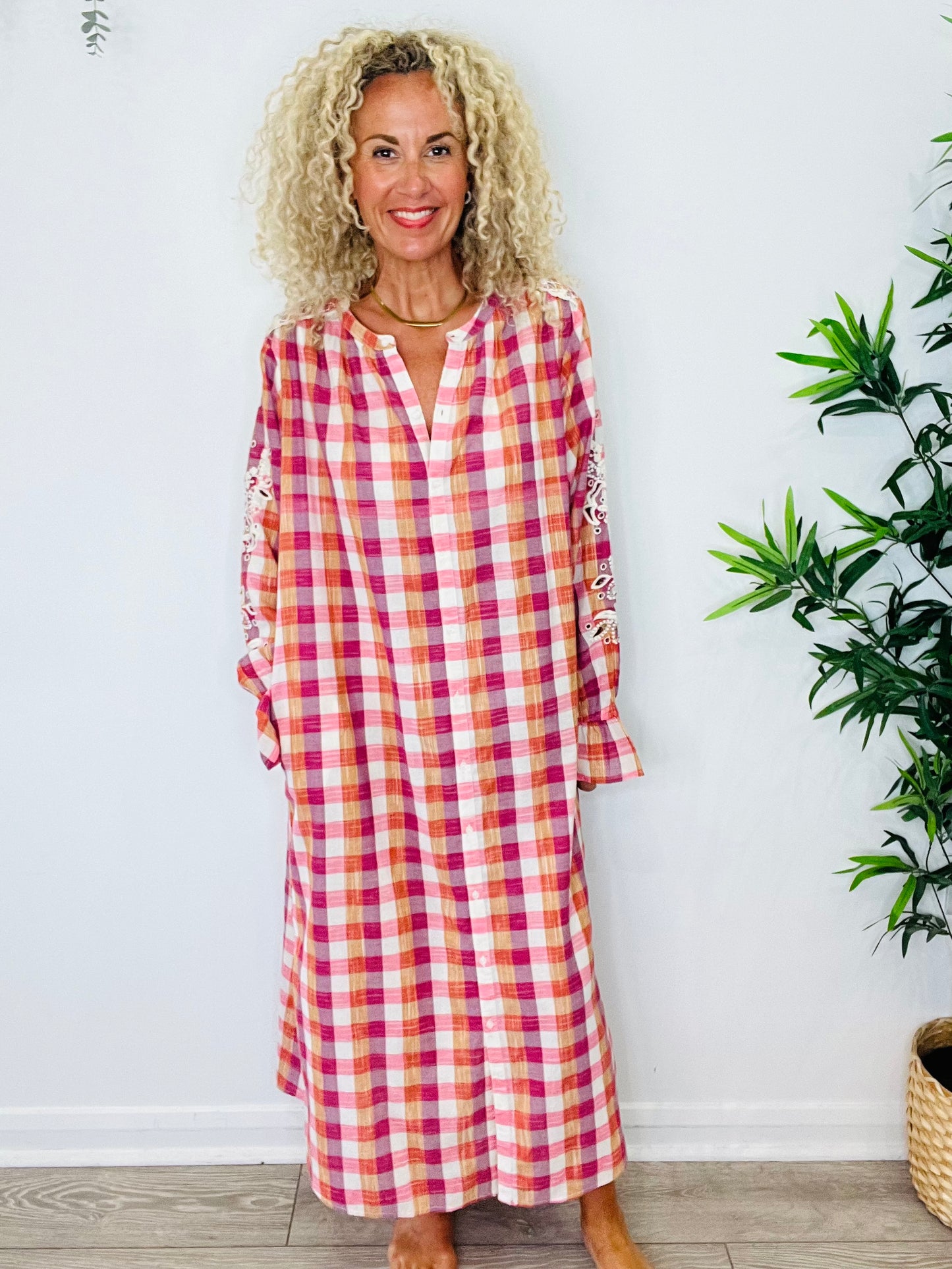 Check Broderie Dress - Size 40