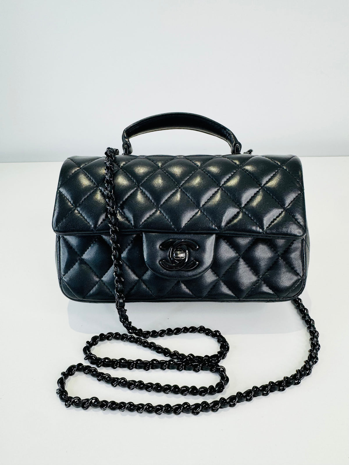 Quilted Lambskin Rectangular Mini Top Handle Flap Bag