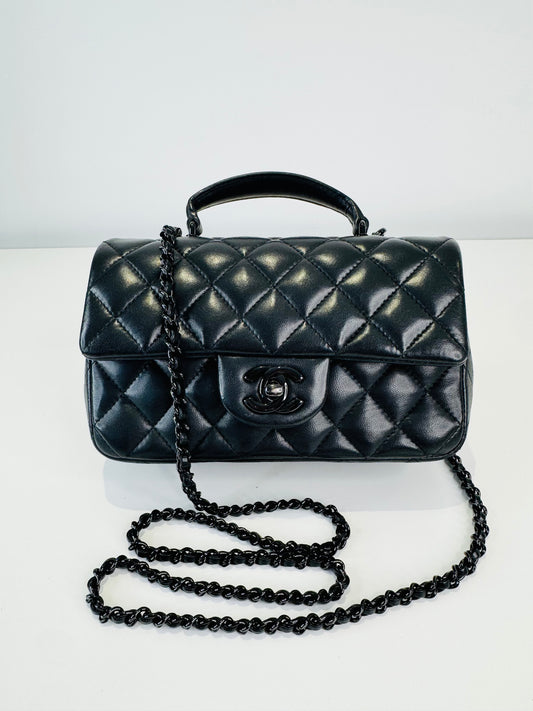 Quilted Lambskin Rectangular Mini Top Handle Flap Bag