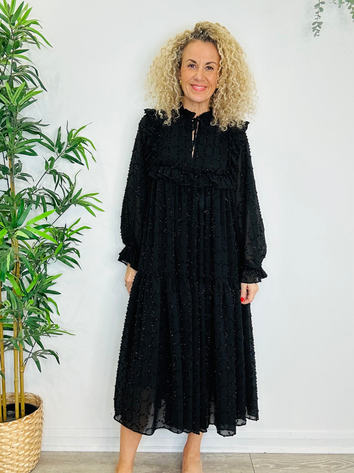 Embroidered Frill Dress - Size 34