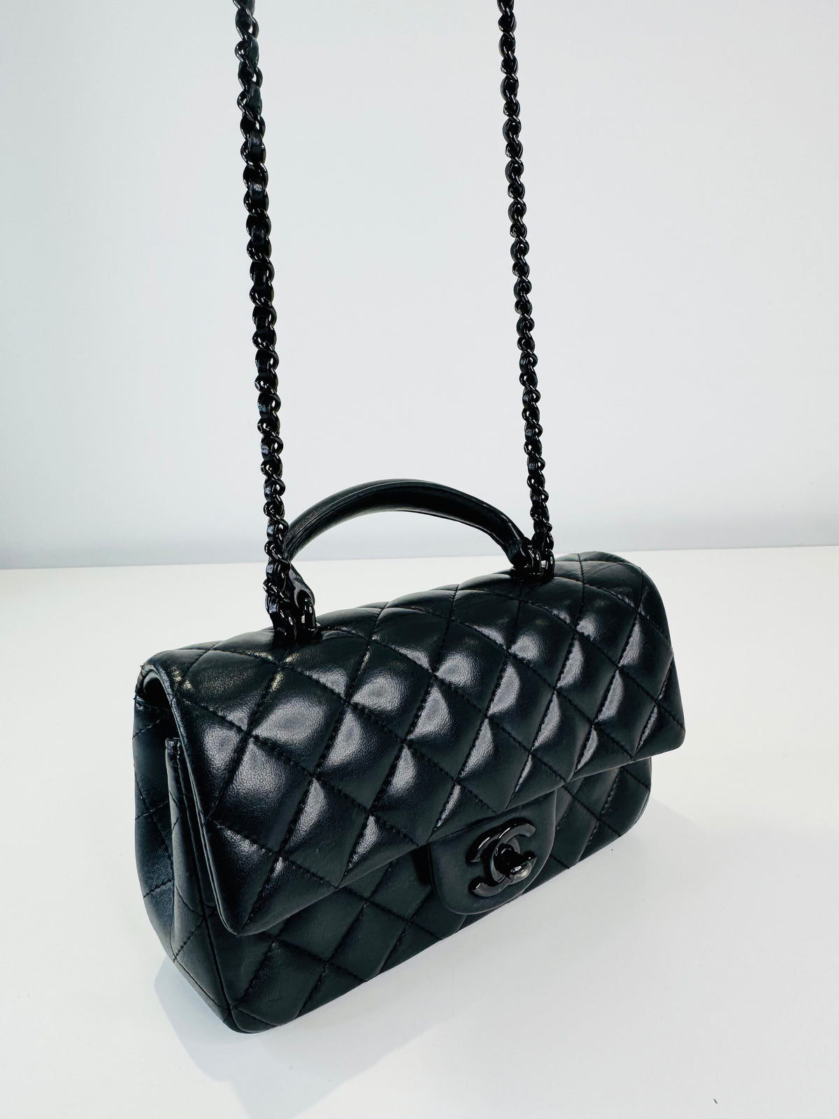 Quilted Lambskin Rectangular Mini Top Handle Flap Bag