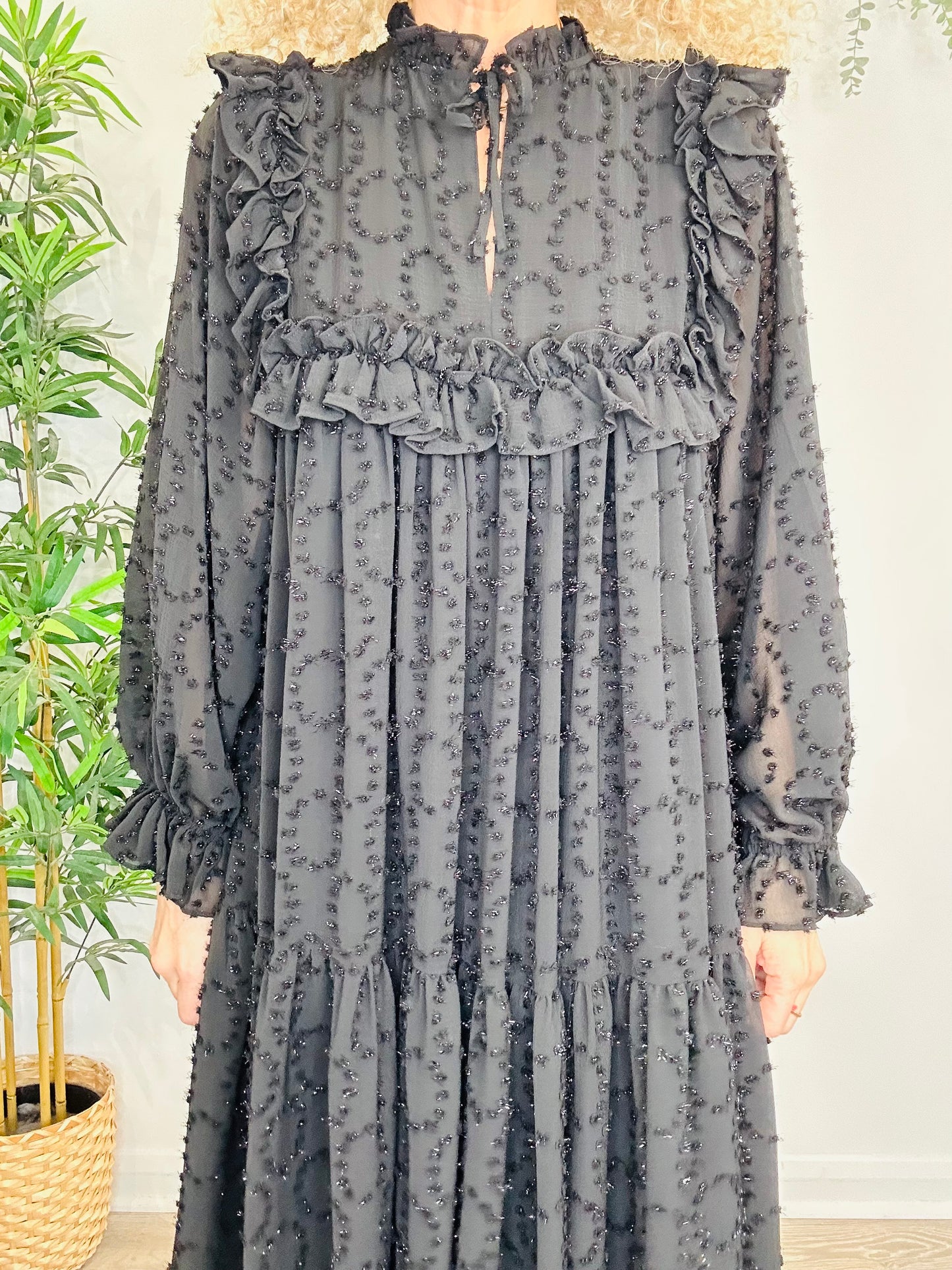 Embroidered Frill Dress - Size 34