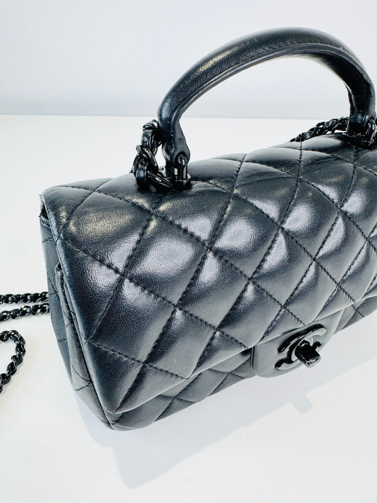 Quilted Lambskin Rectangular Mini Top Handle Flap Bag