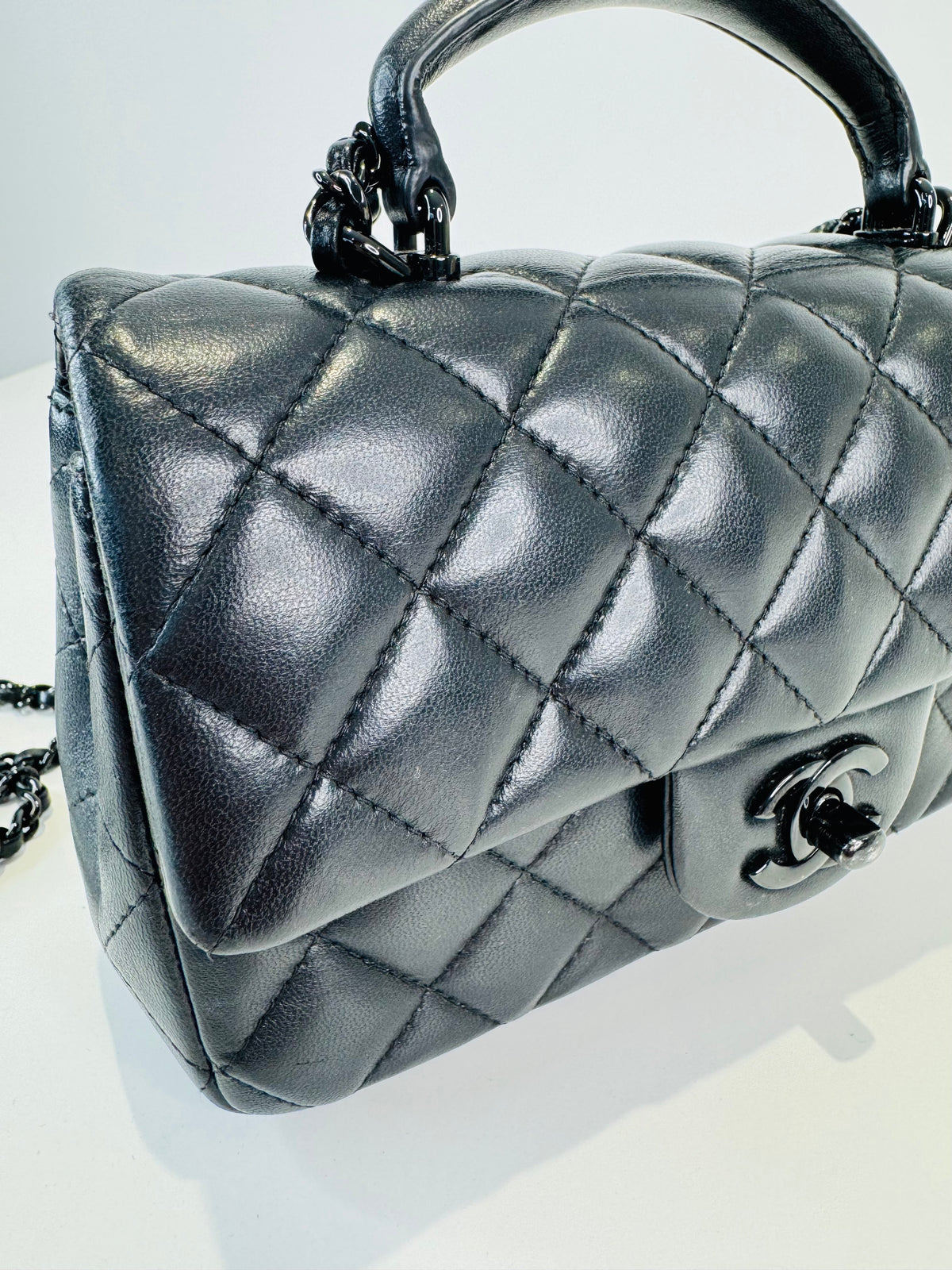 Quilted Lambskin Rectangular Mini Top Handle Flap Bag