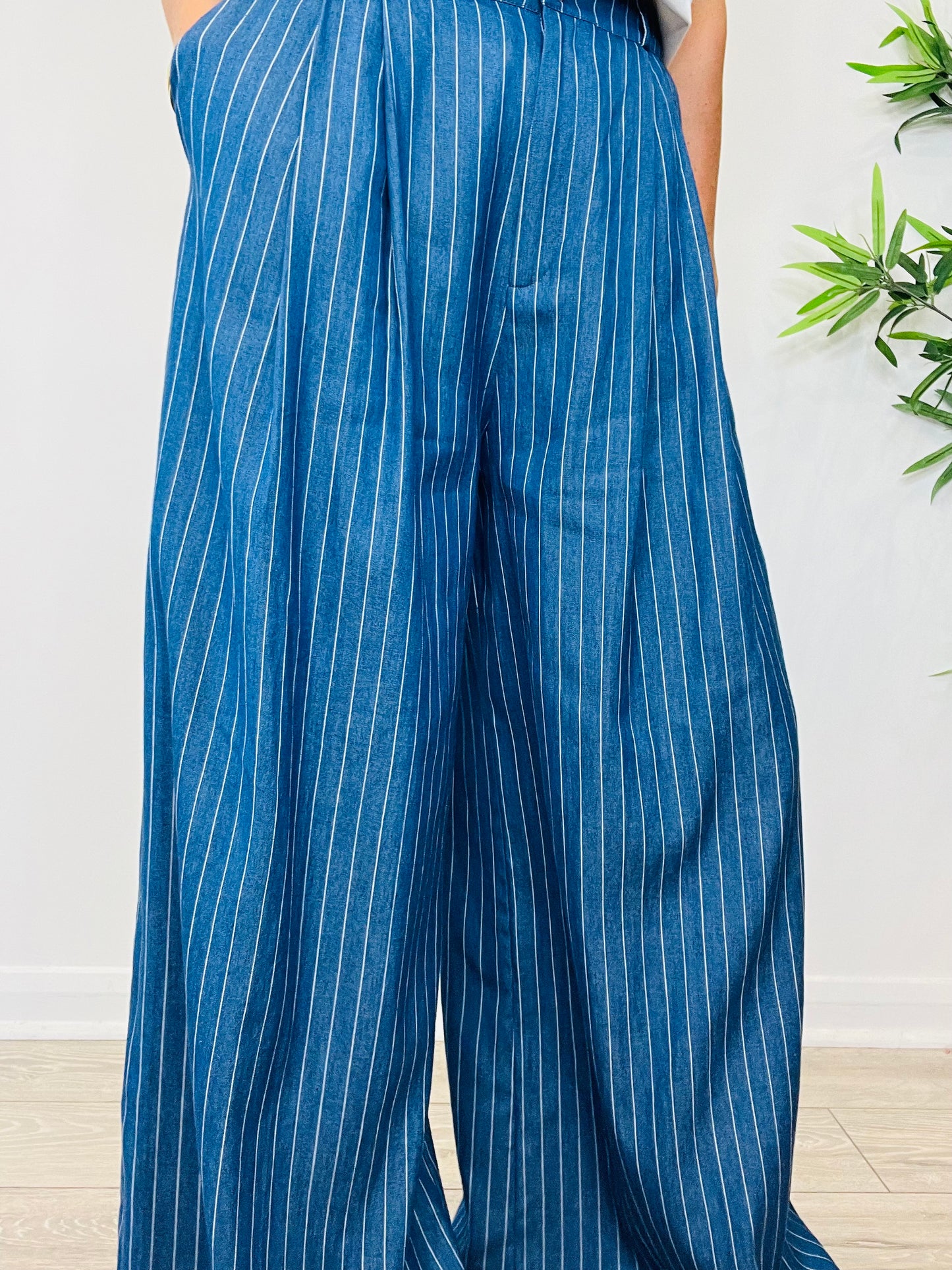 Pinstripe Wide Leg Trousers - Size 42