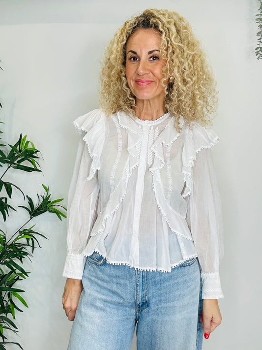 Frill Cotton Shirt - Size 38