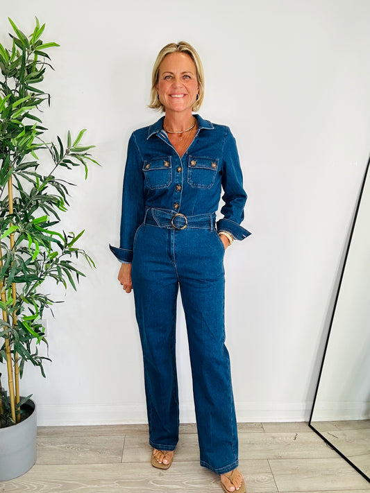 Brooklyn Denim Belted Jumpsuit - Size 38