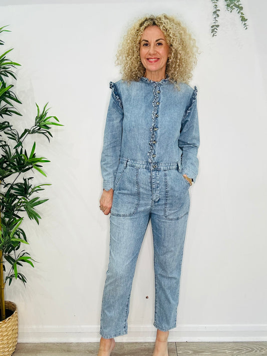 Frill Denim Jumpsuit - Size 12