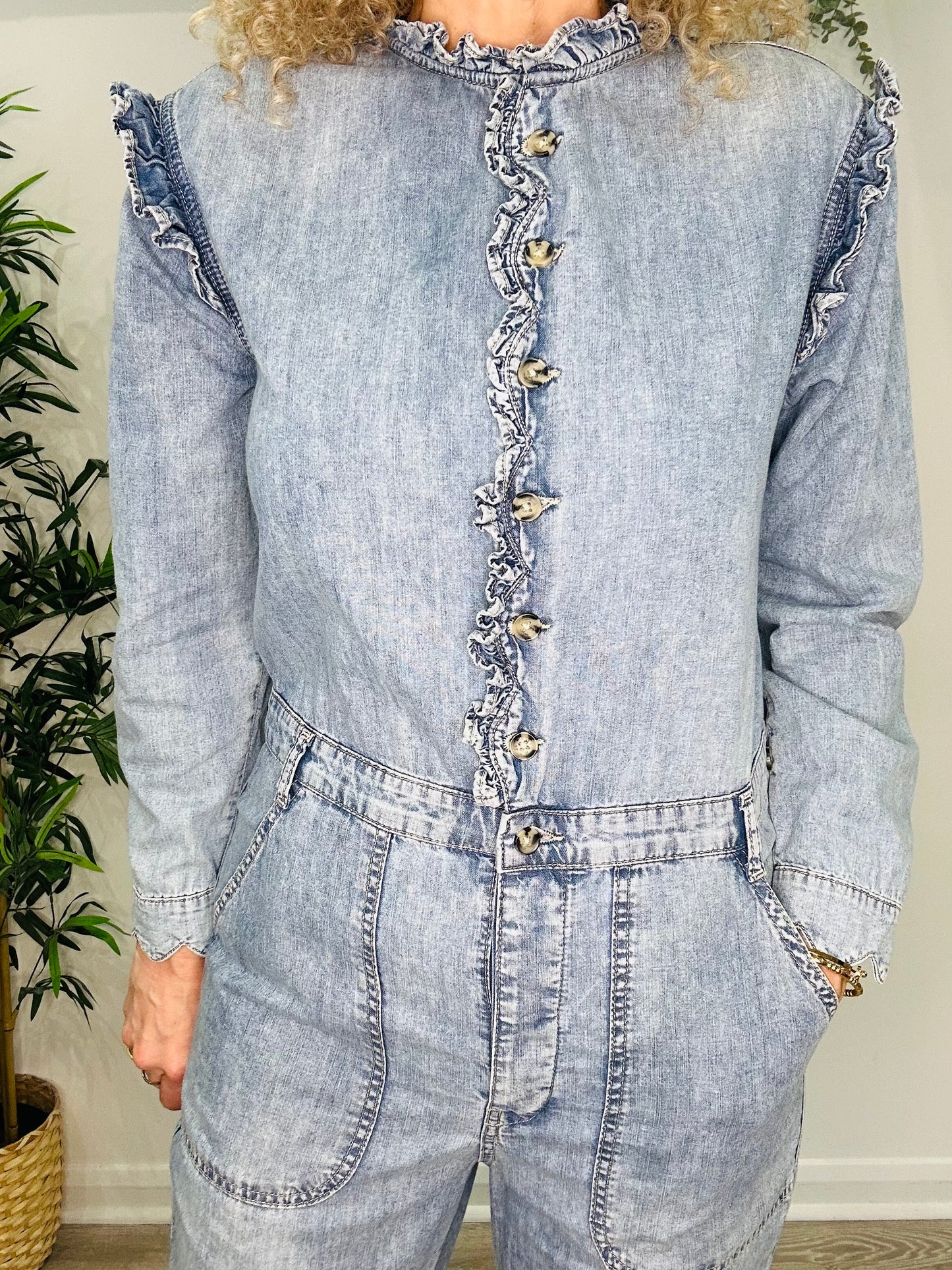 Frill Denim Jumpsuit - Size 12