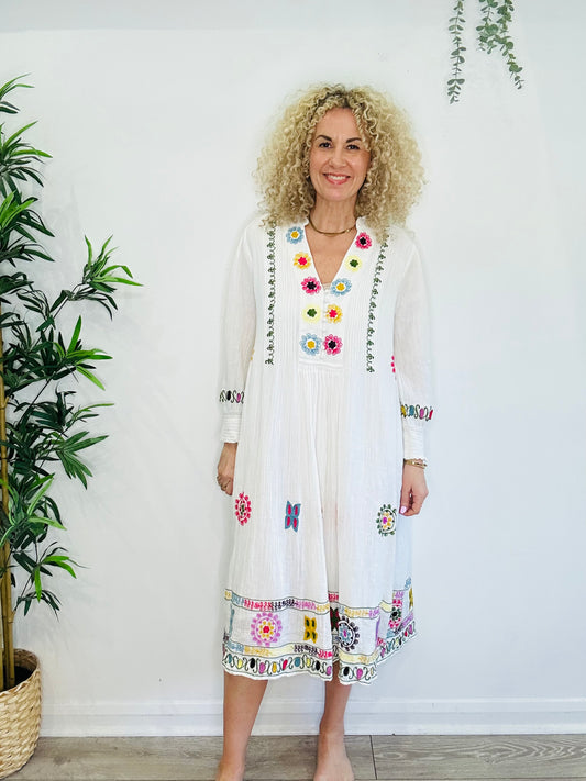 Embroidered Cheesecloth Dress - Size L