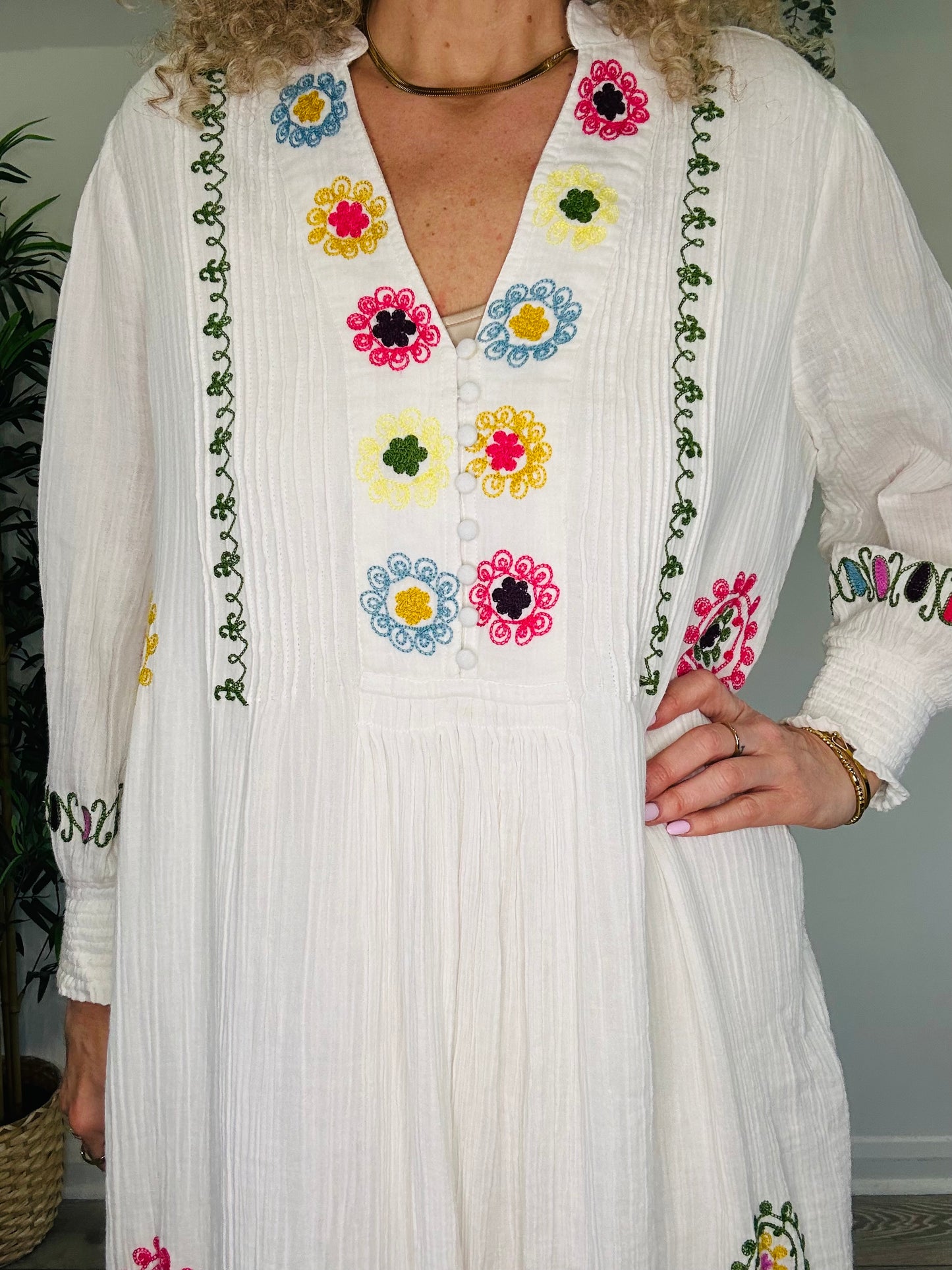 Embroidered Cheesecloth Dress - Size L