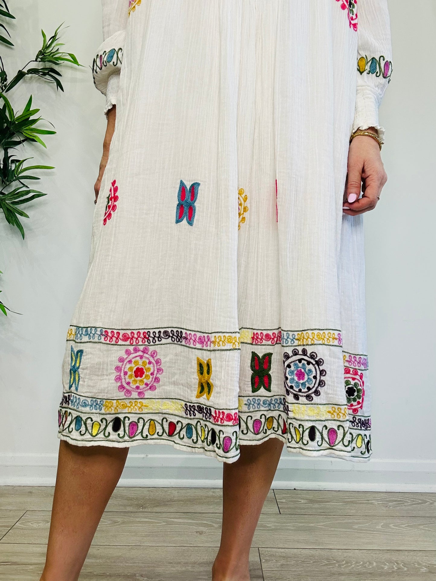 Embroidered Cheesecloth Dress - Size L