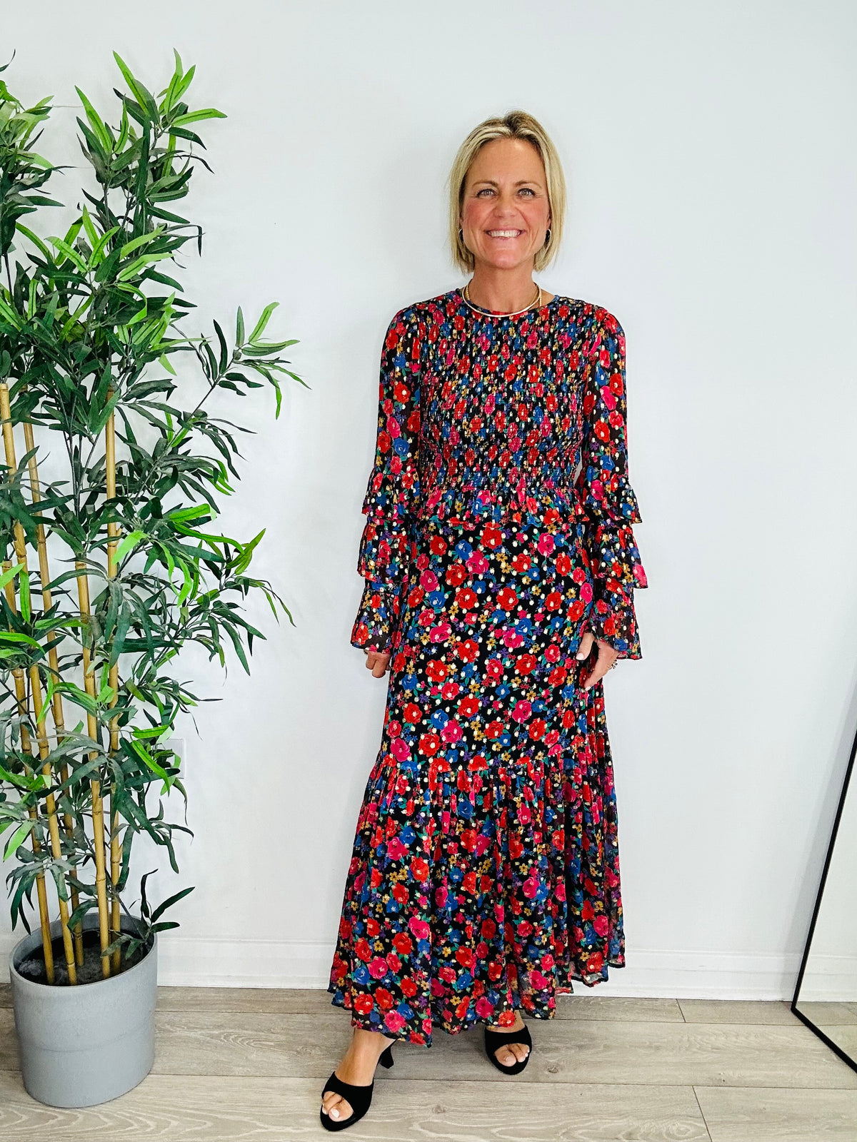 Floral Shirred Maxi Dress - Size XS