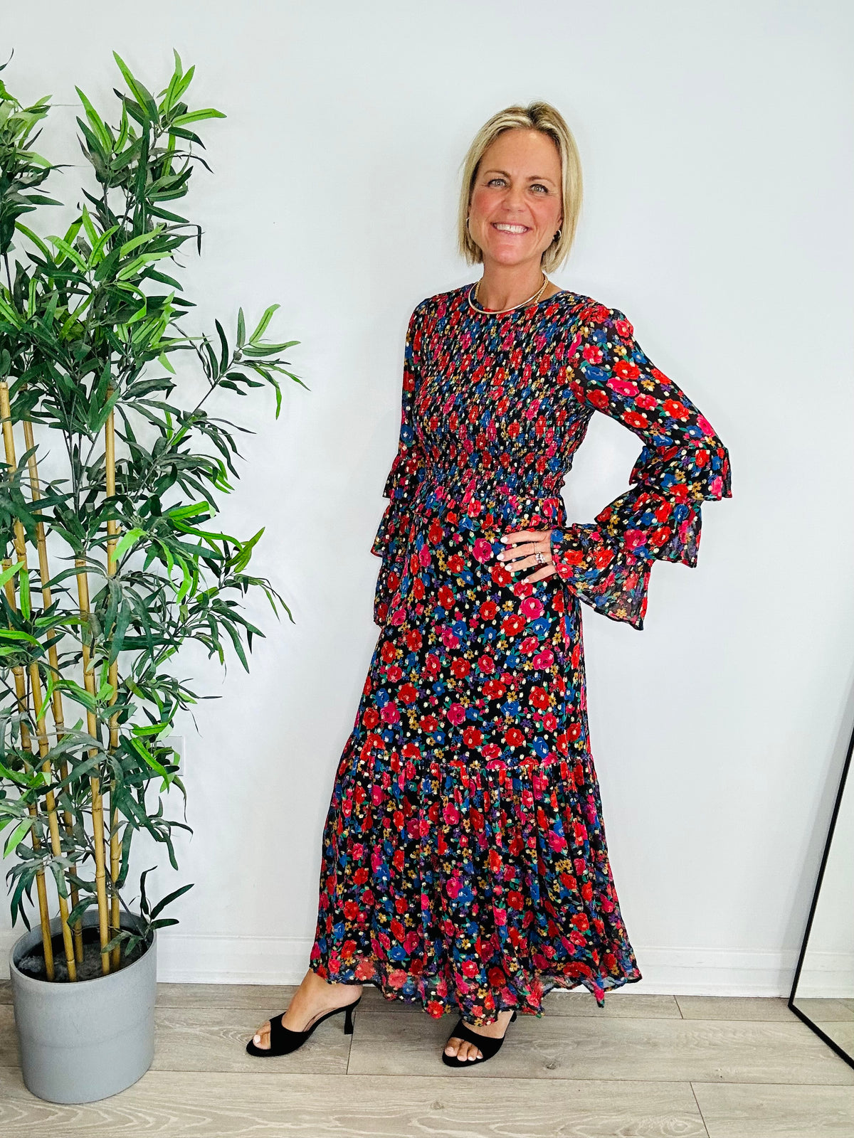 Floral Shirred Maxi Dress - Size XS